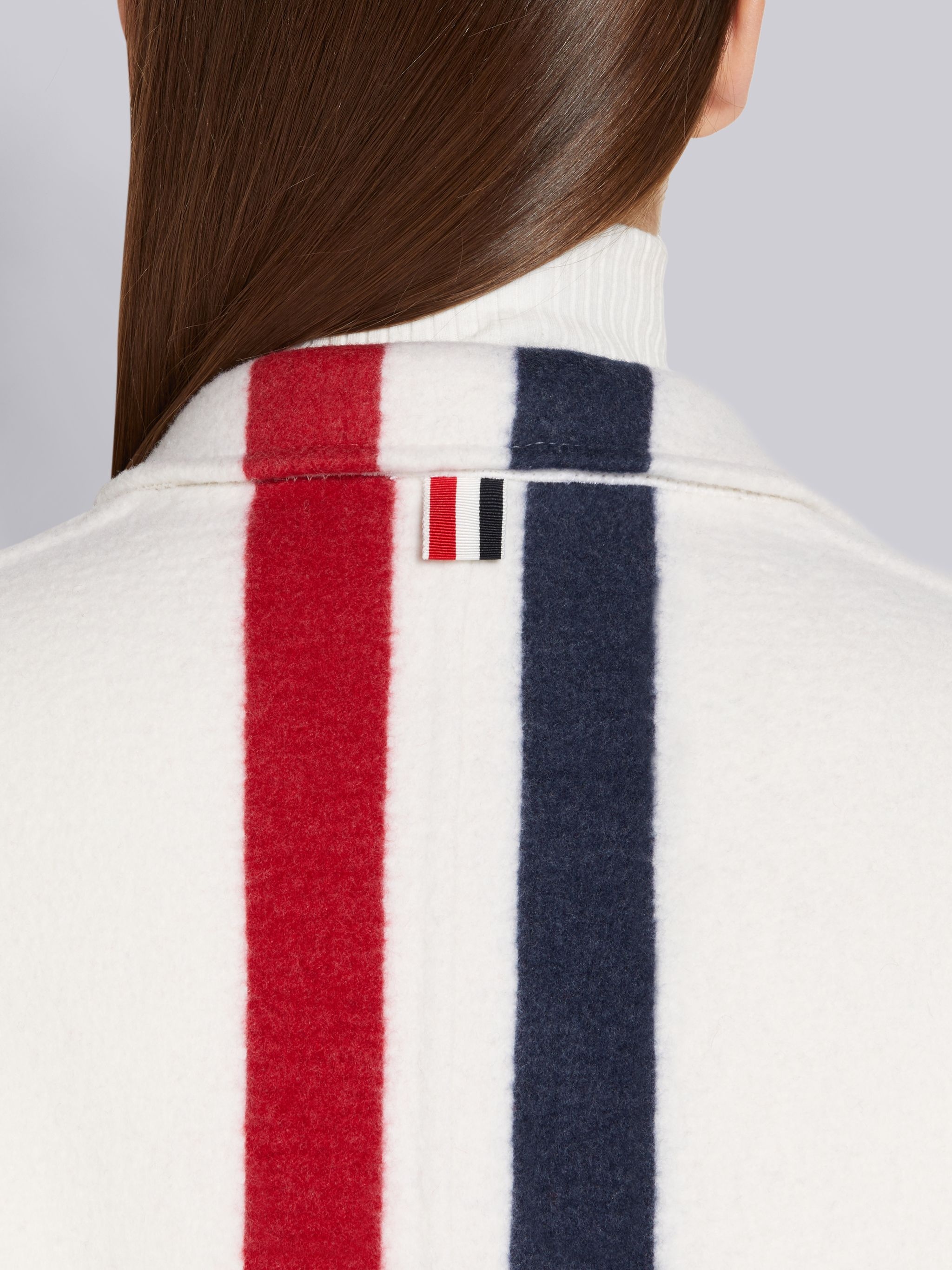 White Felted Wool Cashmere Engineered Stripe Unconstructed Elongated Sack Overcoat - 5