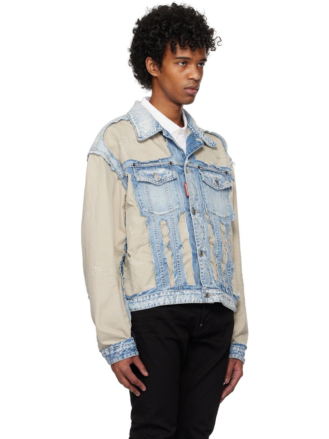Blue & Beige Super Ripped Mixed Denim Jacket - 2