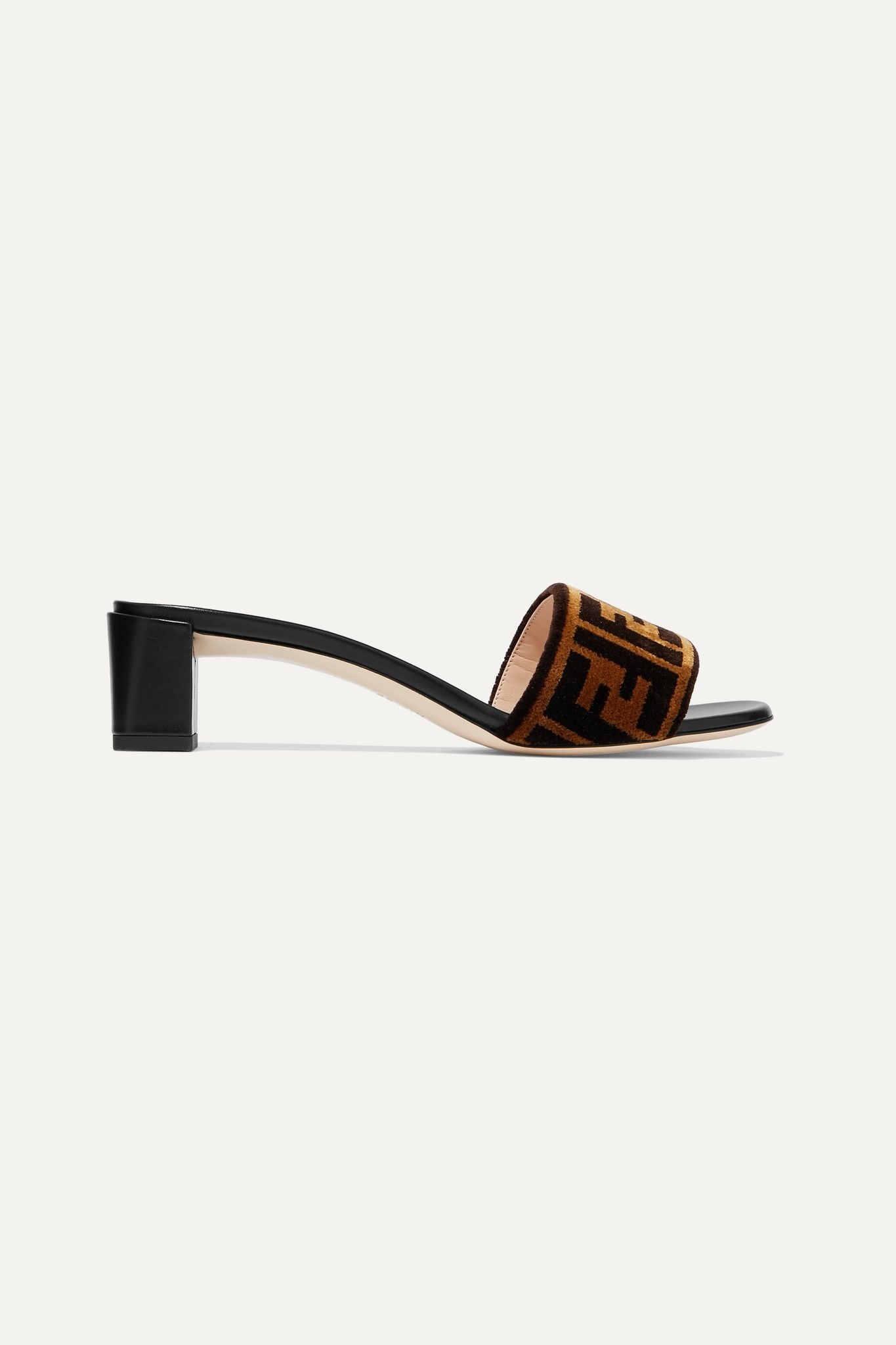 Logo-print velvet and leather mules - 1