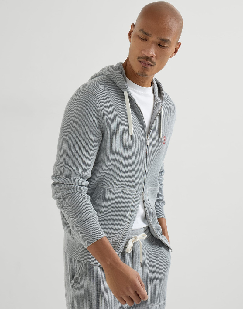 Cotton English rib knit hooded sweatshirt with logo and zipper 5