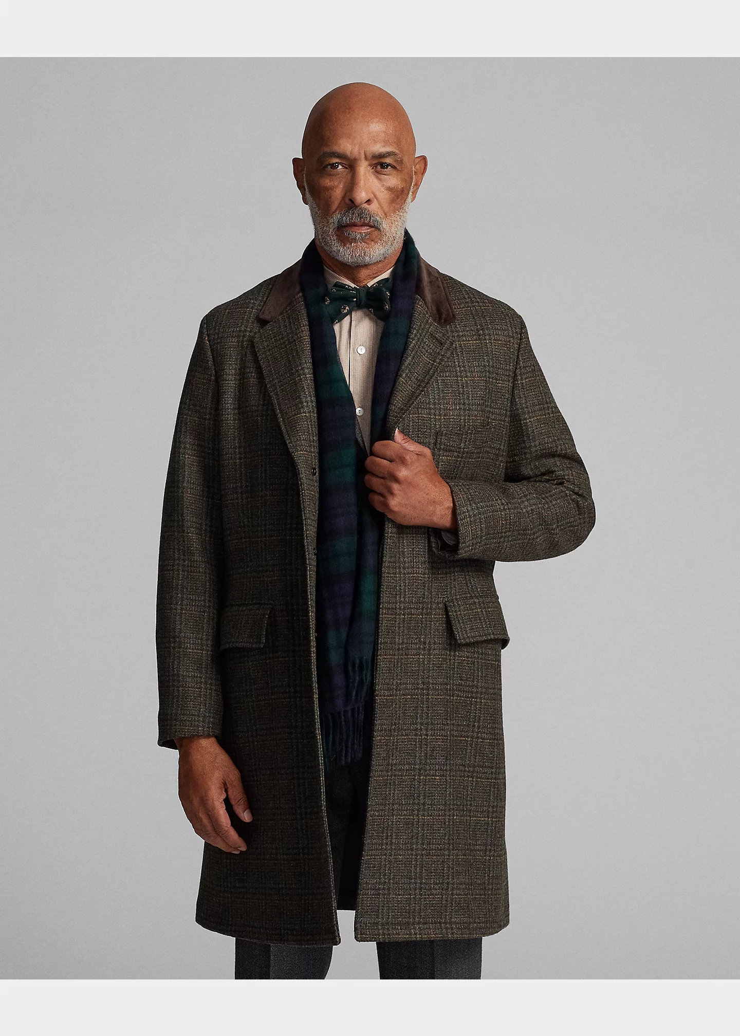 Velvet-Collar Plaid Shetland Wool Coat - 3