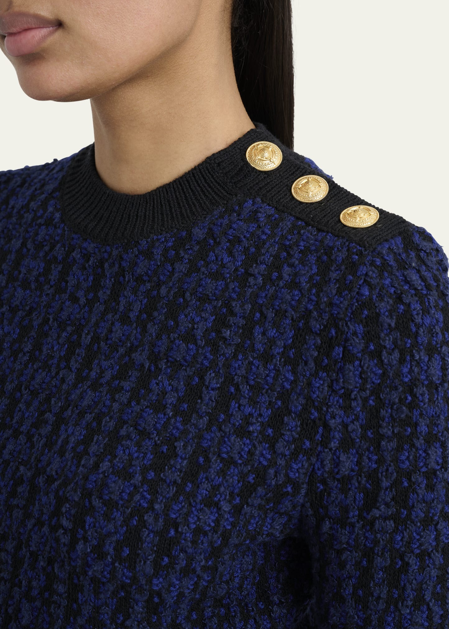 Button-Shoulder Boucle Knit Crop Sweater - 5