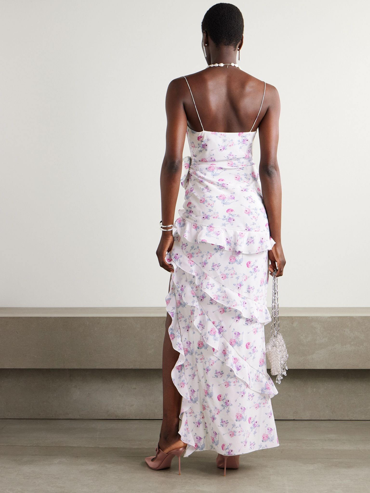 Ruffled floral-print silk-satin gown White - 3