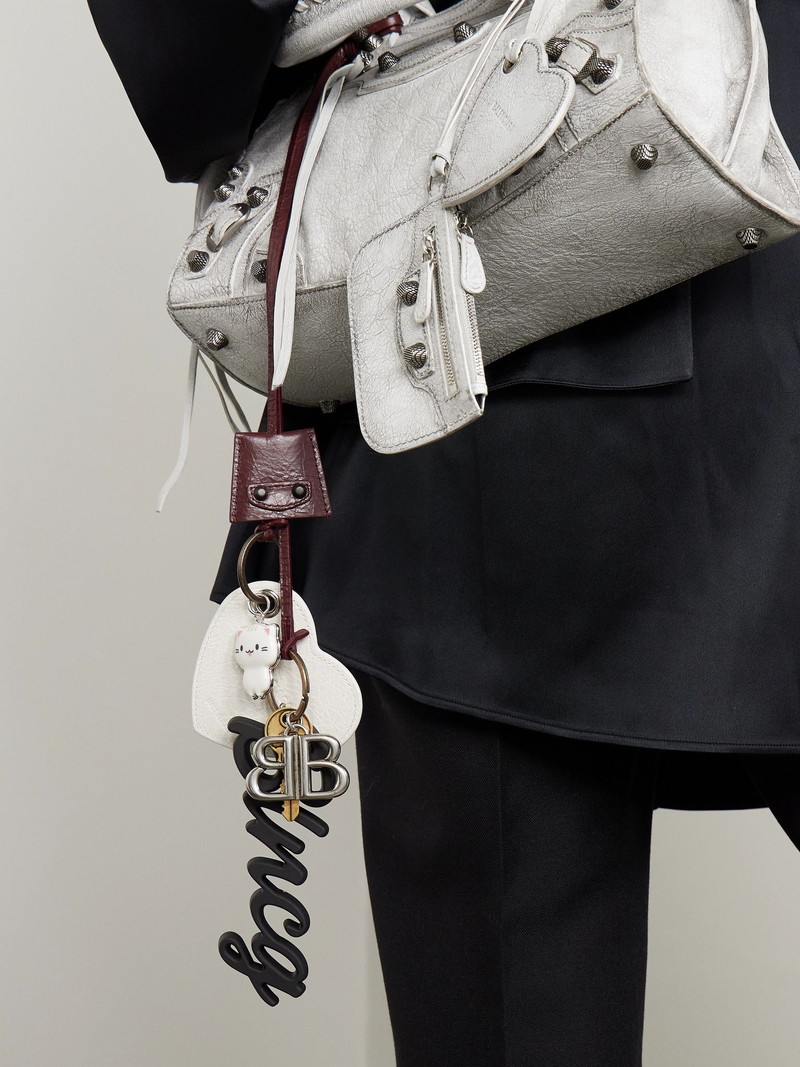 BALENCIAGA Le City embellished textured-leather, silver and gold-tone key fob Burgundy outlook