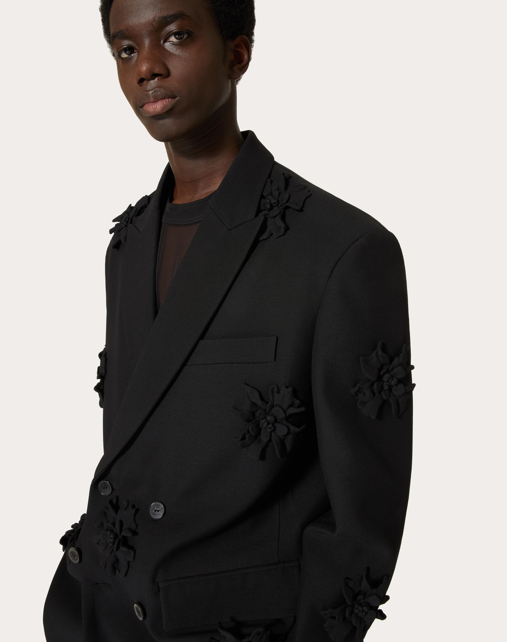 CREPE COUTURE DOUBLE-BREASTED BLAZER WITH FLORAL PATCHWORK EMBROIDERY - 5