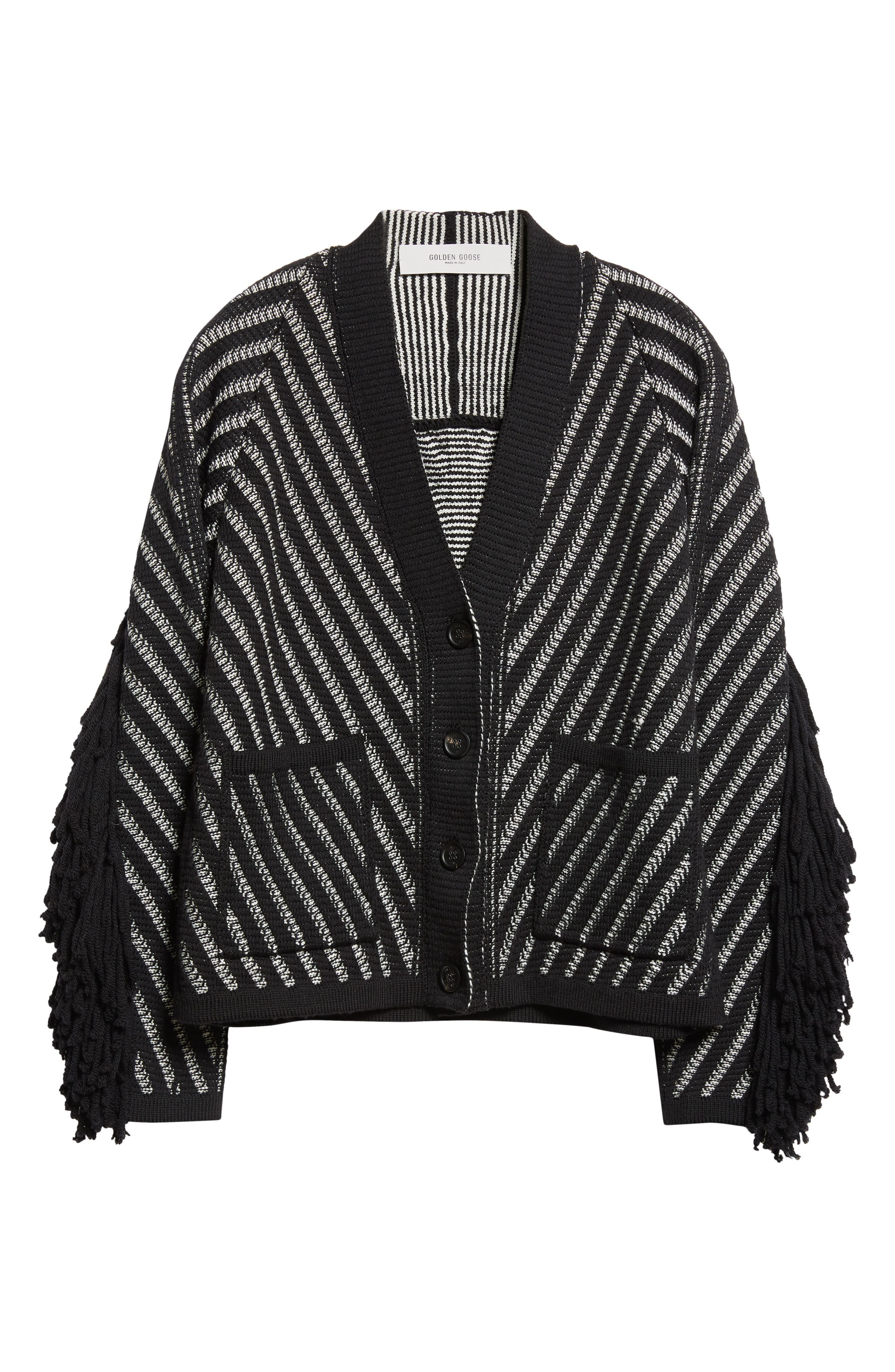 Golden Goose Journey Olivia Fringe Trim Virgin Wool Cardigan in Black/White at Nordstrom - 6