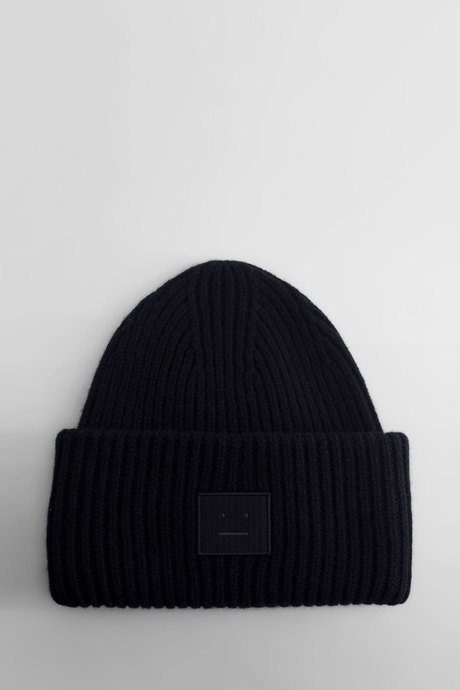 Acne studios black ribbed knit logo beanie - 1