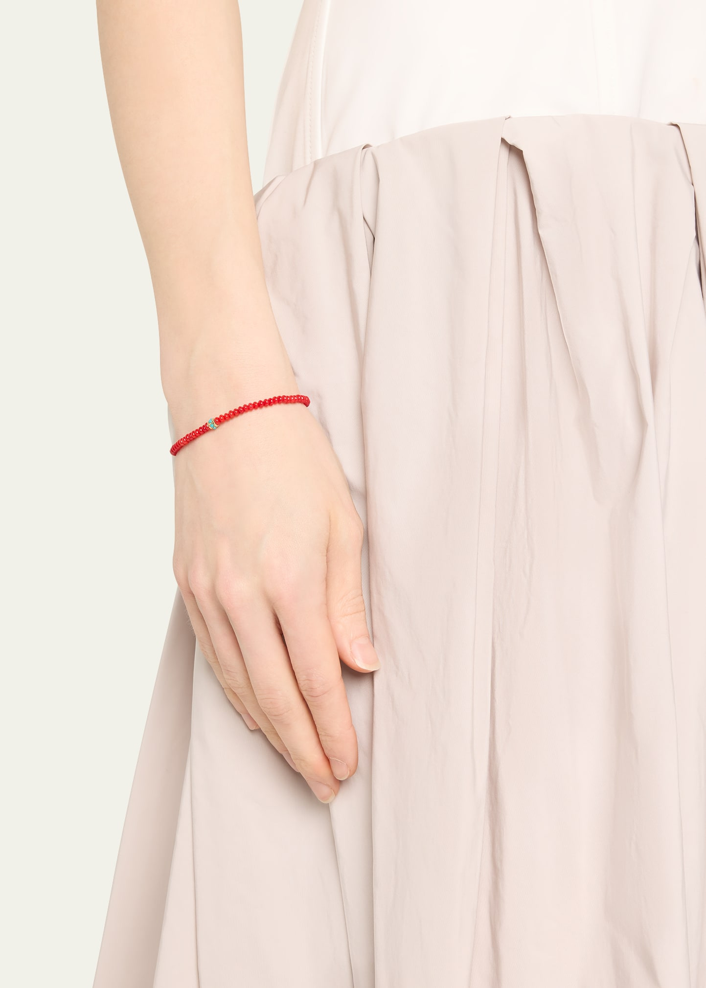 Gold and Turquoise Scallop Rondelle on Red Bamboo Coral Bracelet - 2