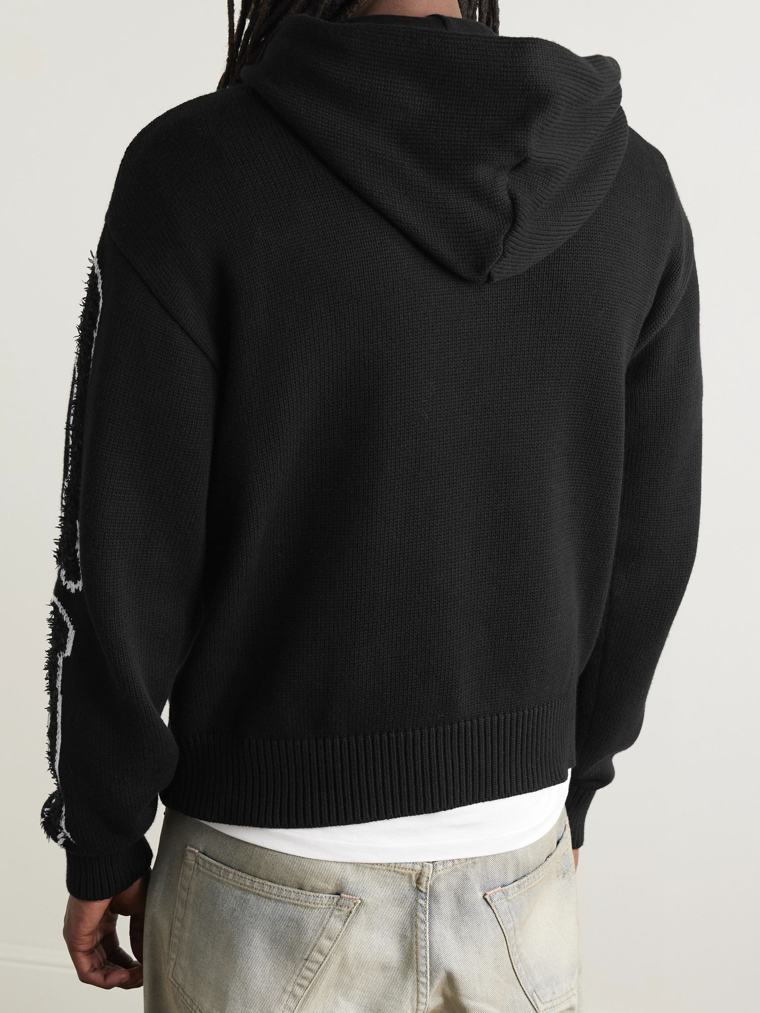 Bones Logo-Embroidered Intarsia-Knit Cotton-Blend Hoodie Black - 3
