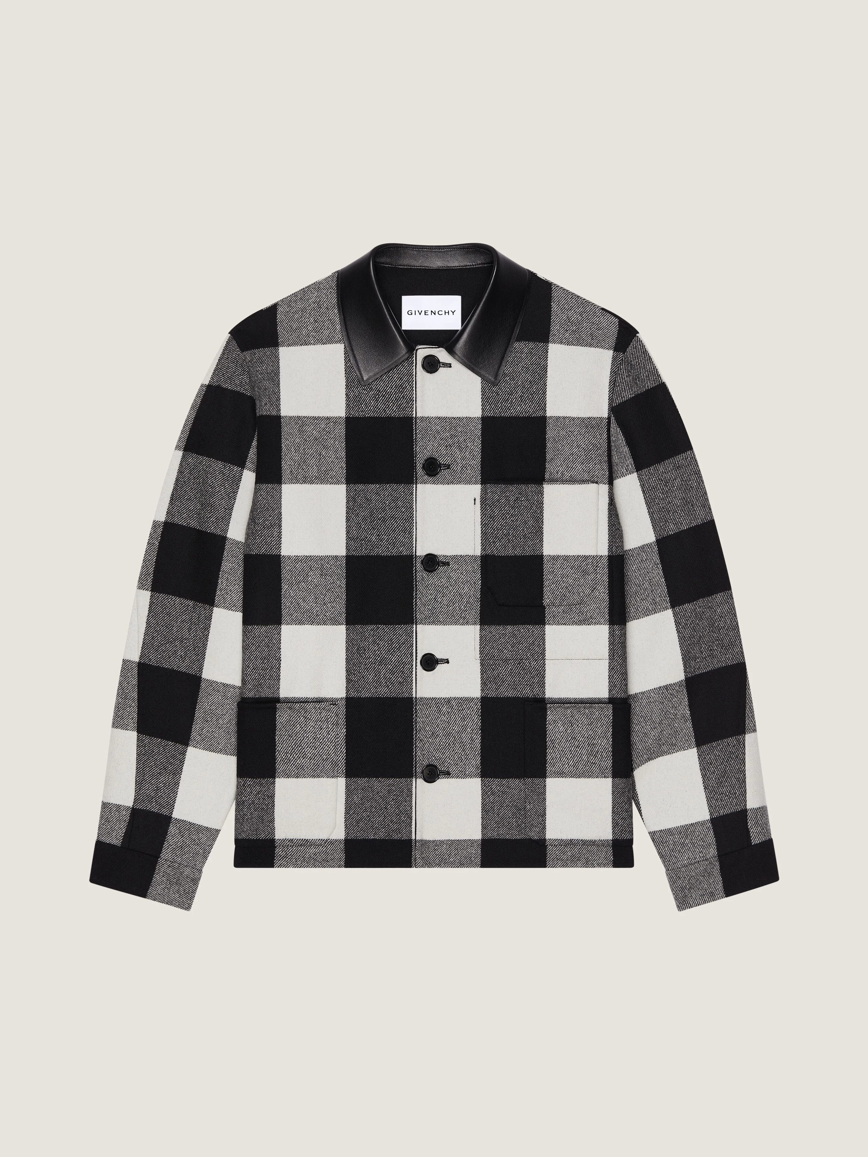 CHECKED OVERSHIRT IN WOOL WITH LEATHER COLLAR - 1