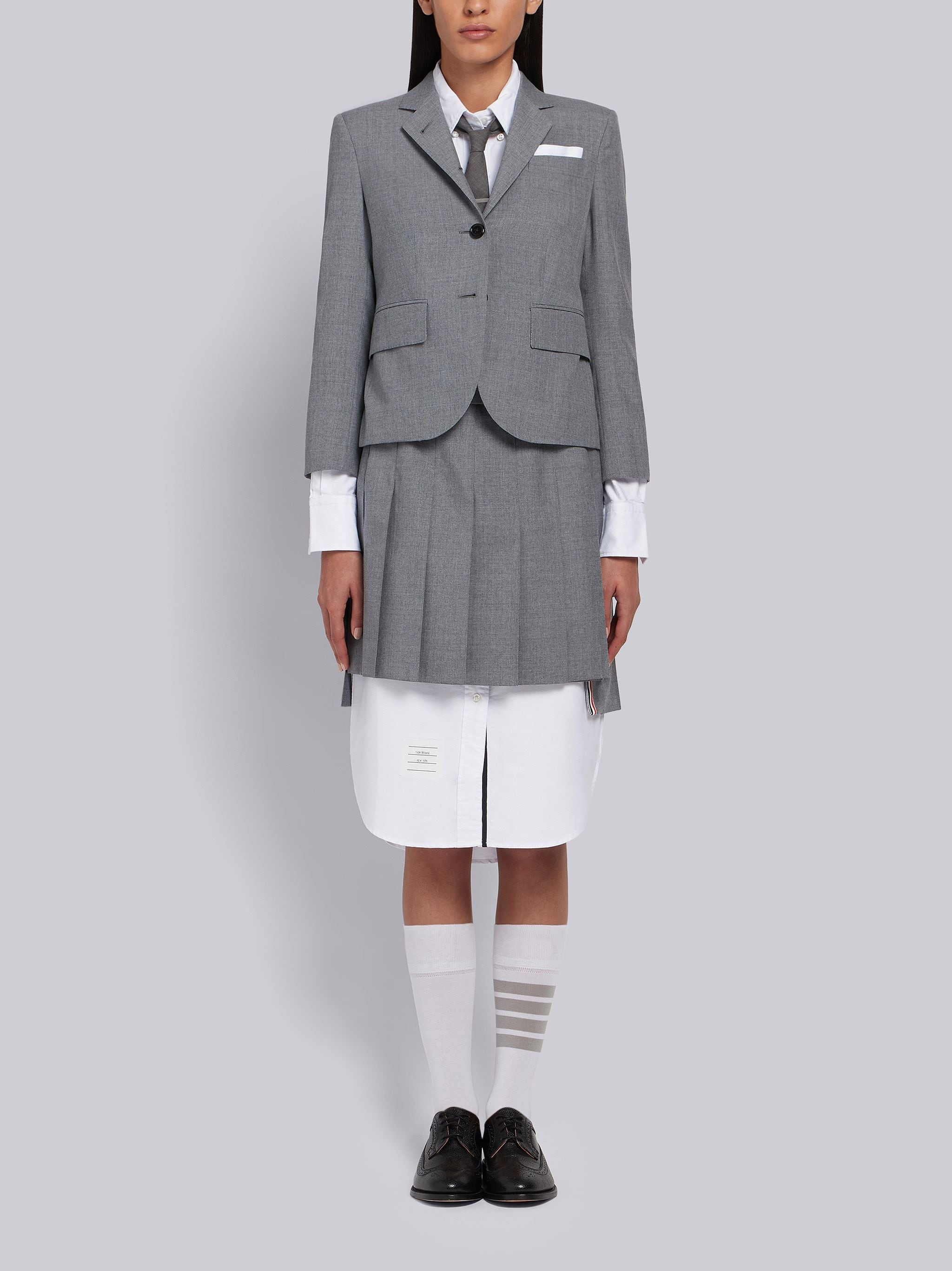 Medium Grey School Uniform Plain Weave Grosgrain Stripe Dropped Back Pleated Mini Skirt - 4