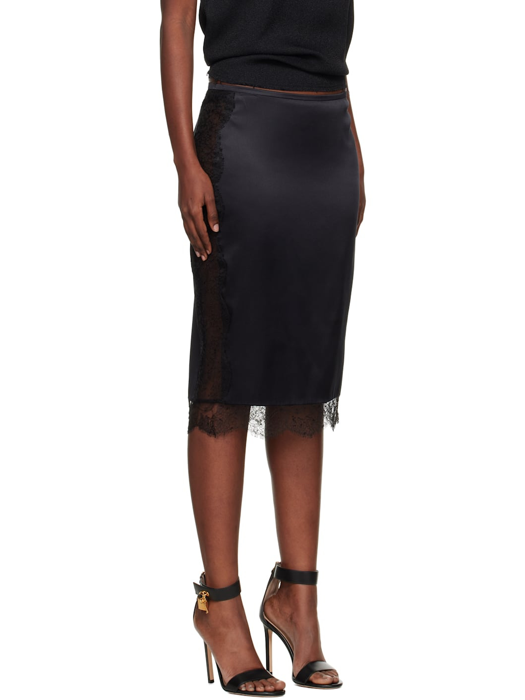 Black Knee-Length Lace Inserts Midi Skirt - 2