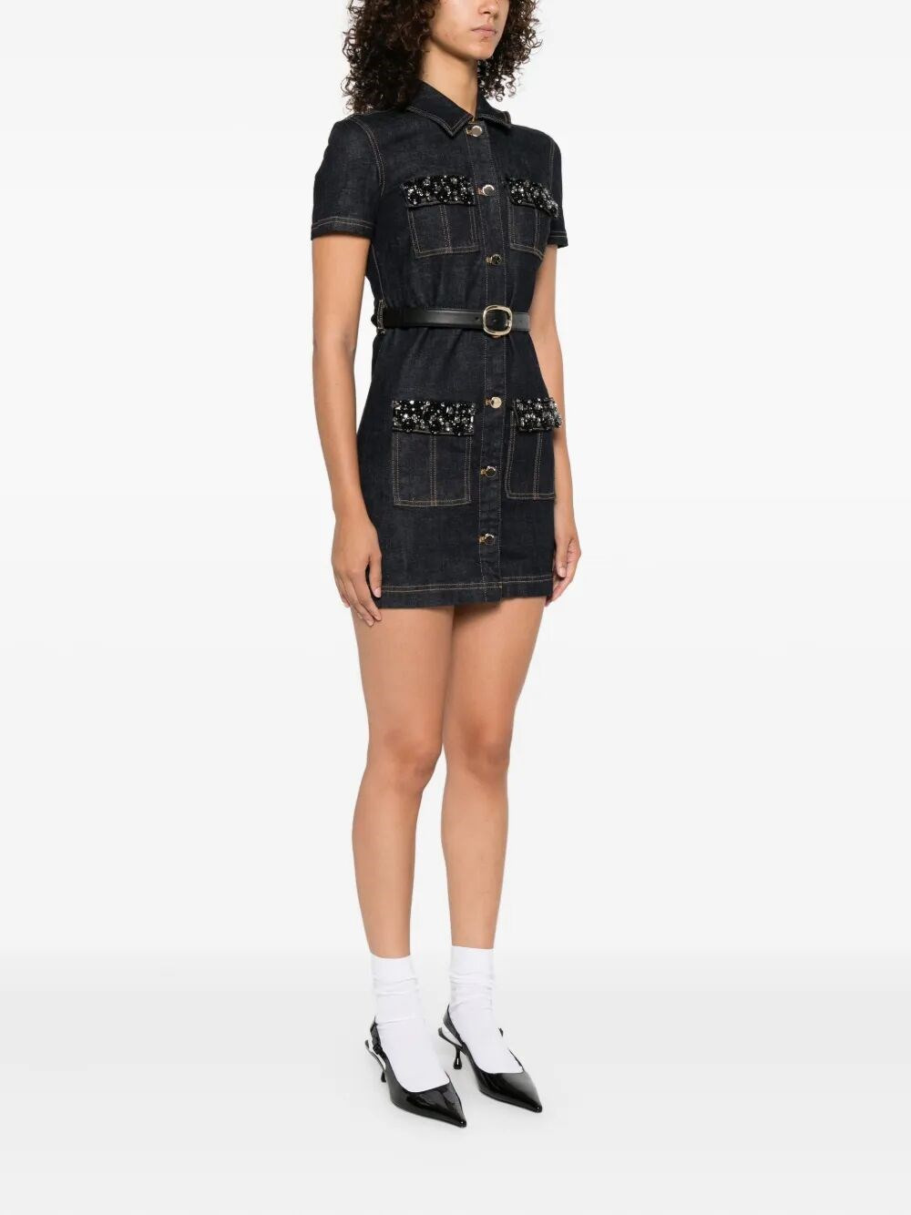 Denim Crystal Trim Mini Dress - 3