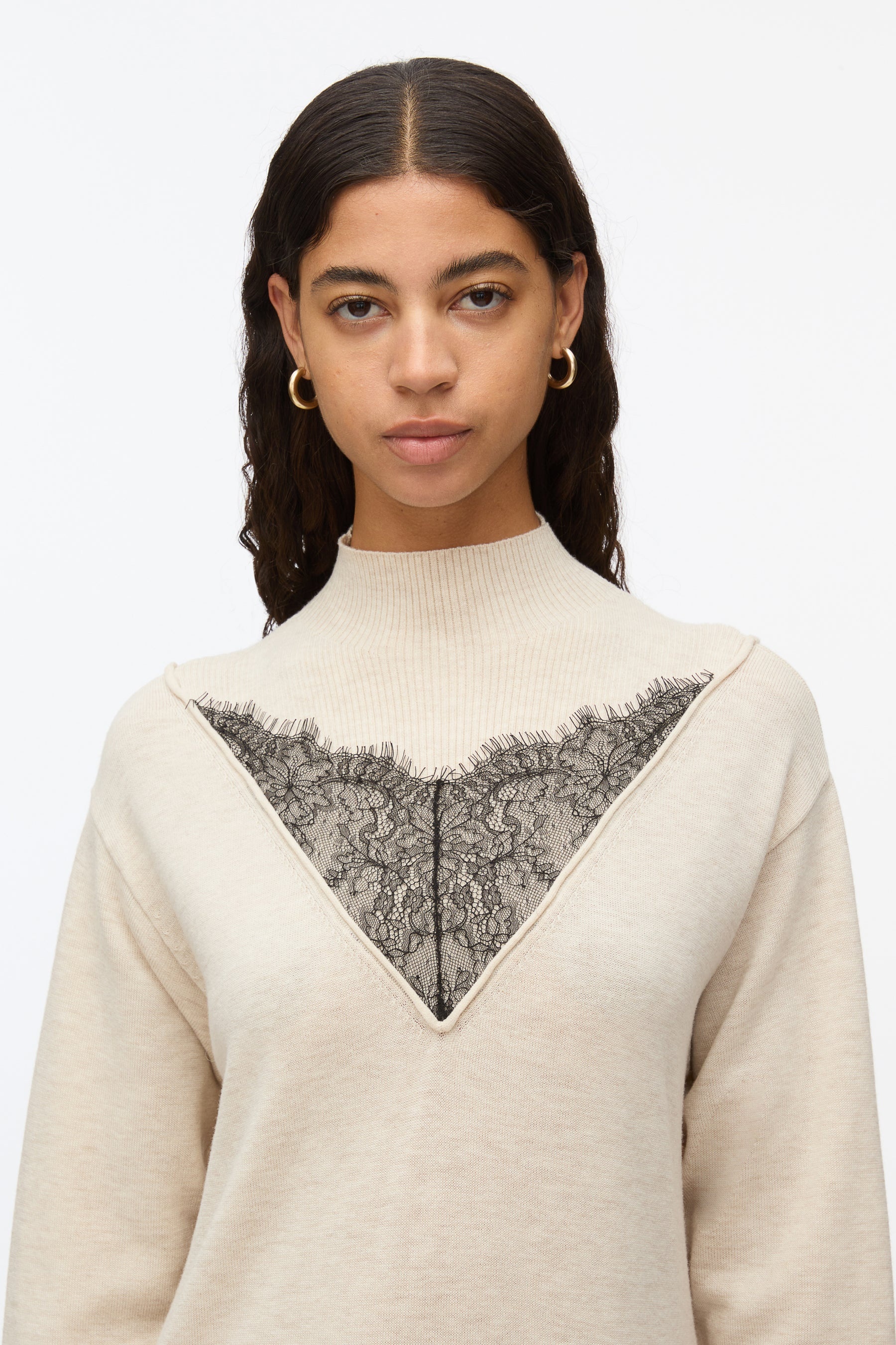 Mockneck Knit Dress with Lace Inlay - 5