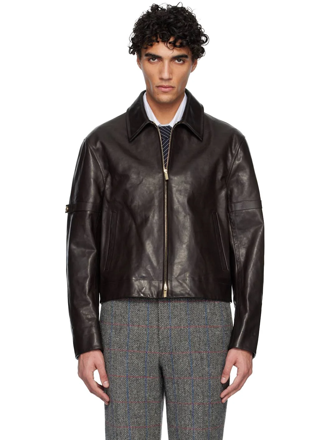 Brown Zip Front Armband Leather Jacket - 1