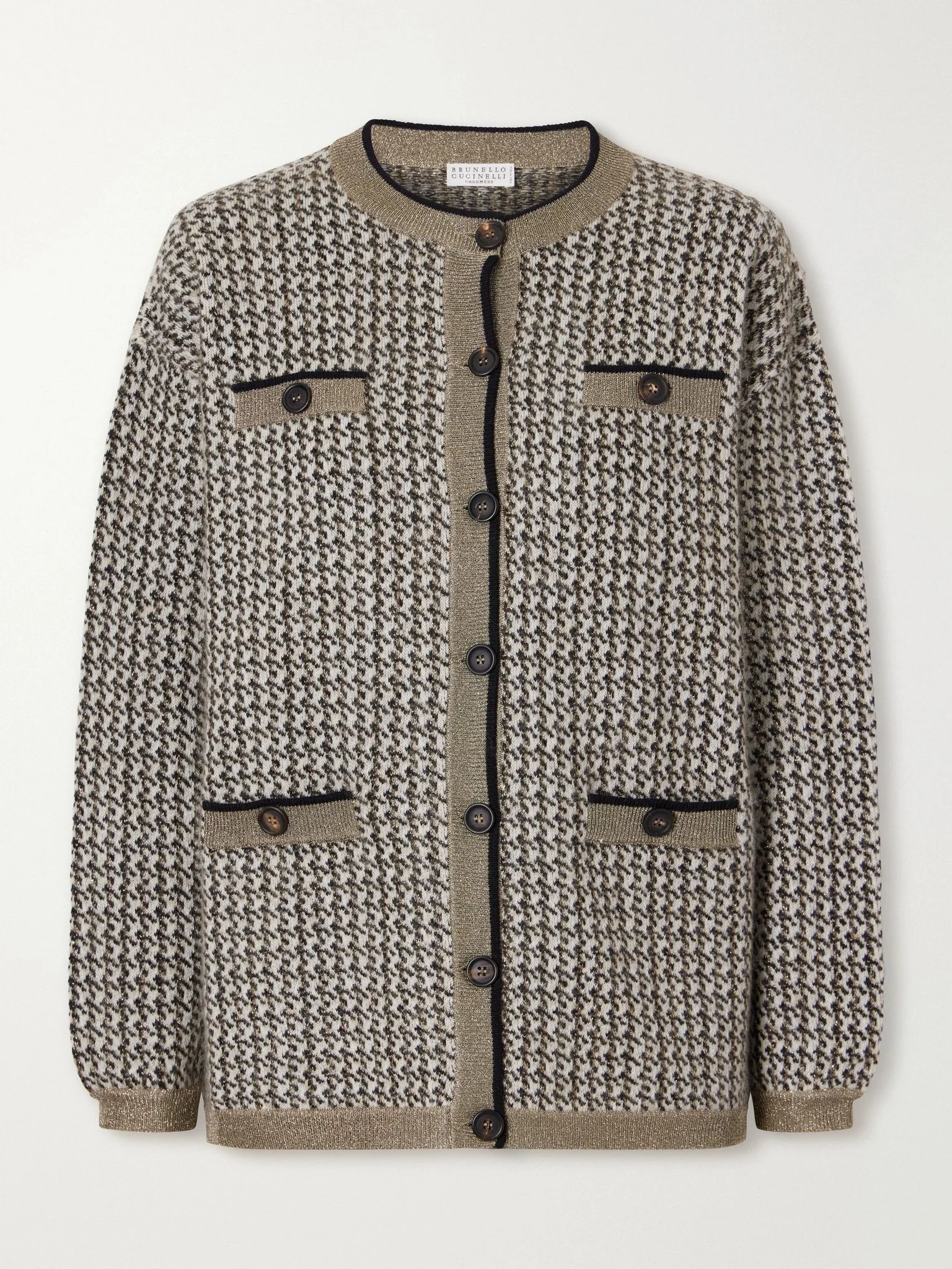 Rib-trimmed houndstooth knitted cardigan Brown - 1
