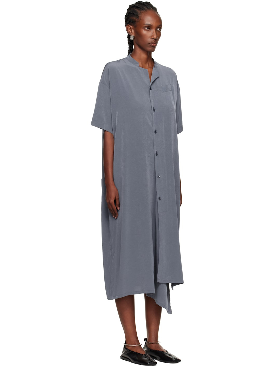 Blue N-Half Sleeve Box Shirt Midi Dress - 2