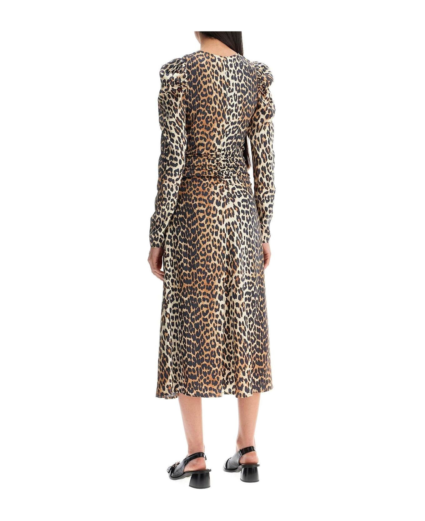 Leopard Print Satin Ruched Midi Dress - 3