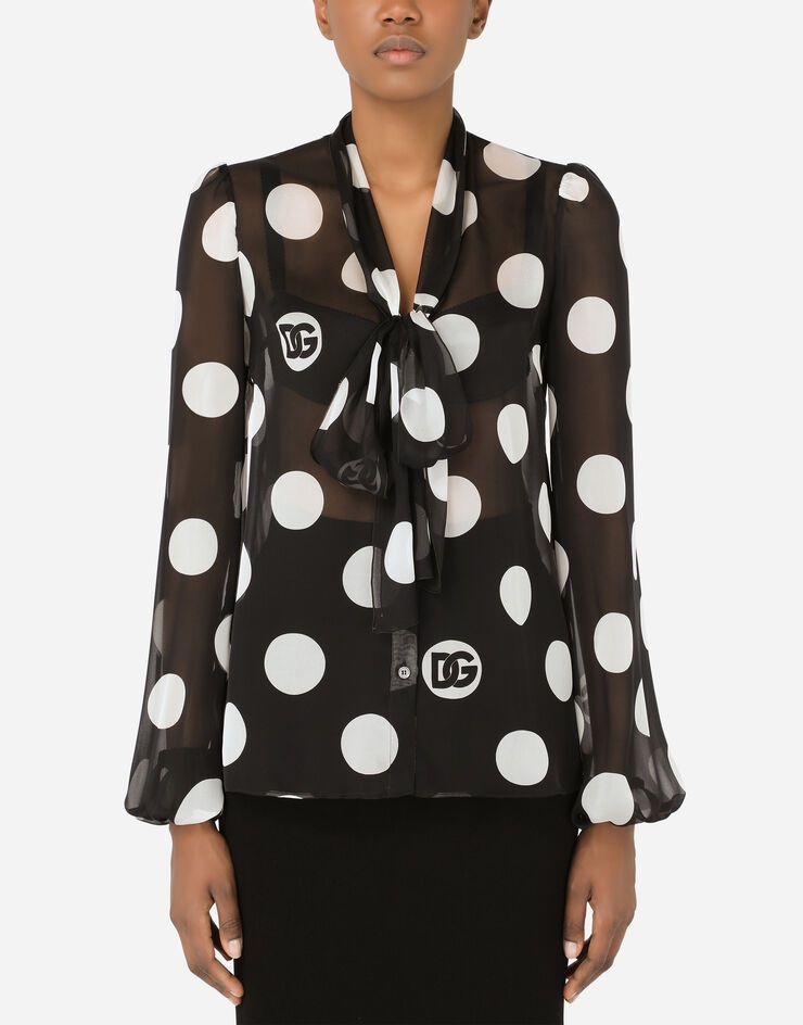 Chiffon pussy-bow shirt with polka-dot print - 1