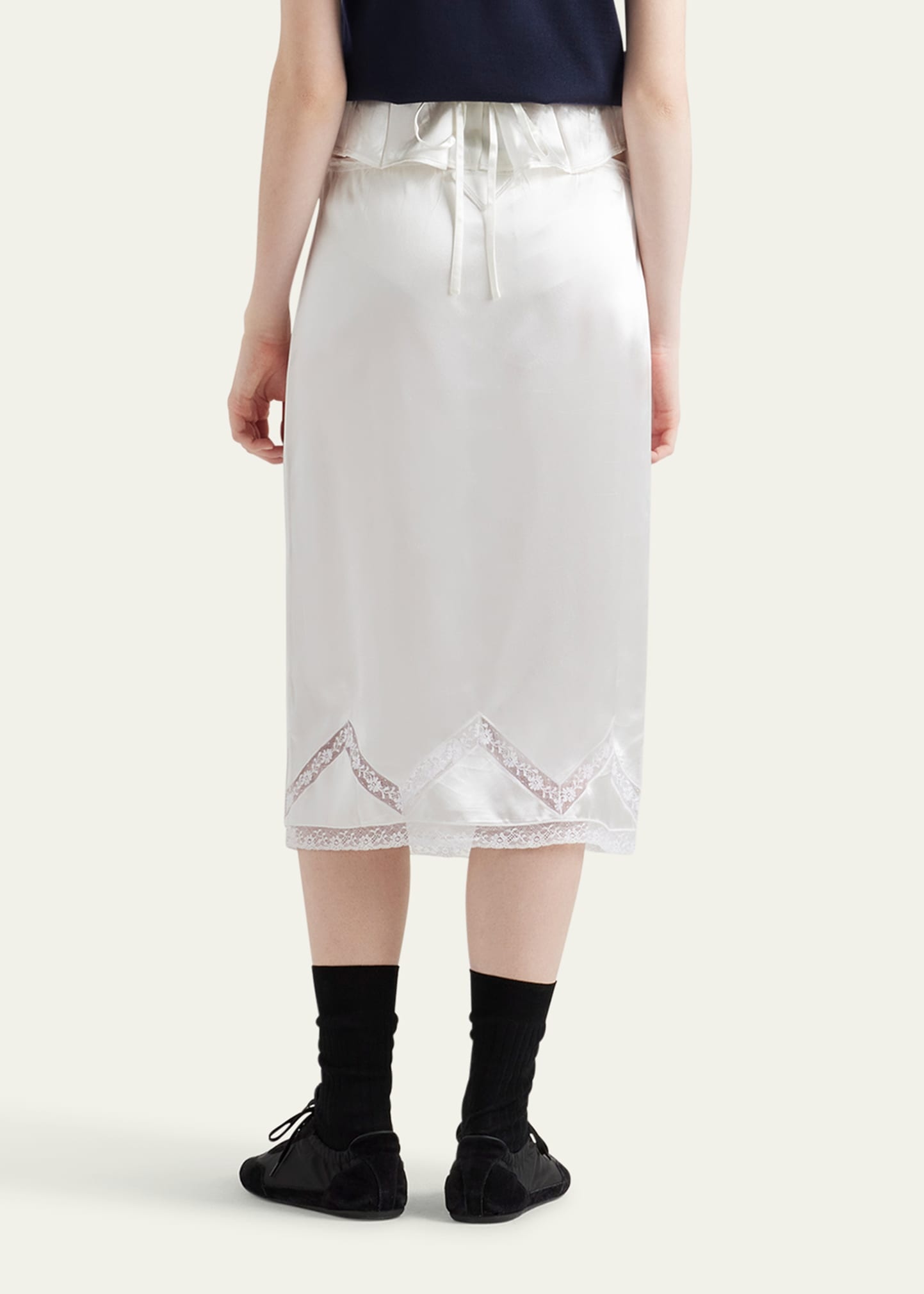 Drawstring Lace Trim Satin Midi Skirt - 3