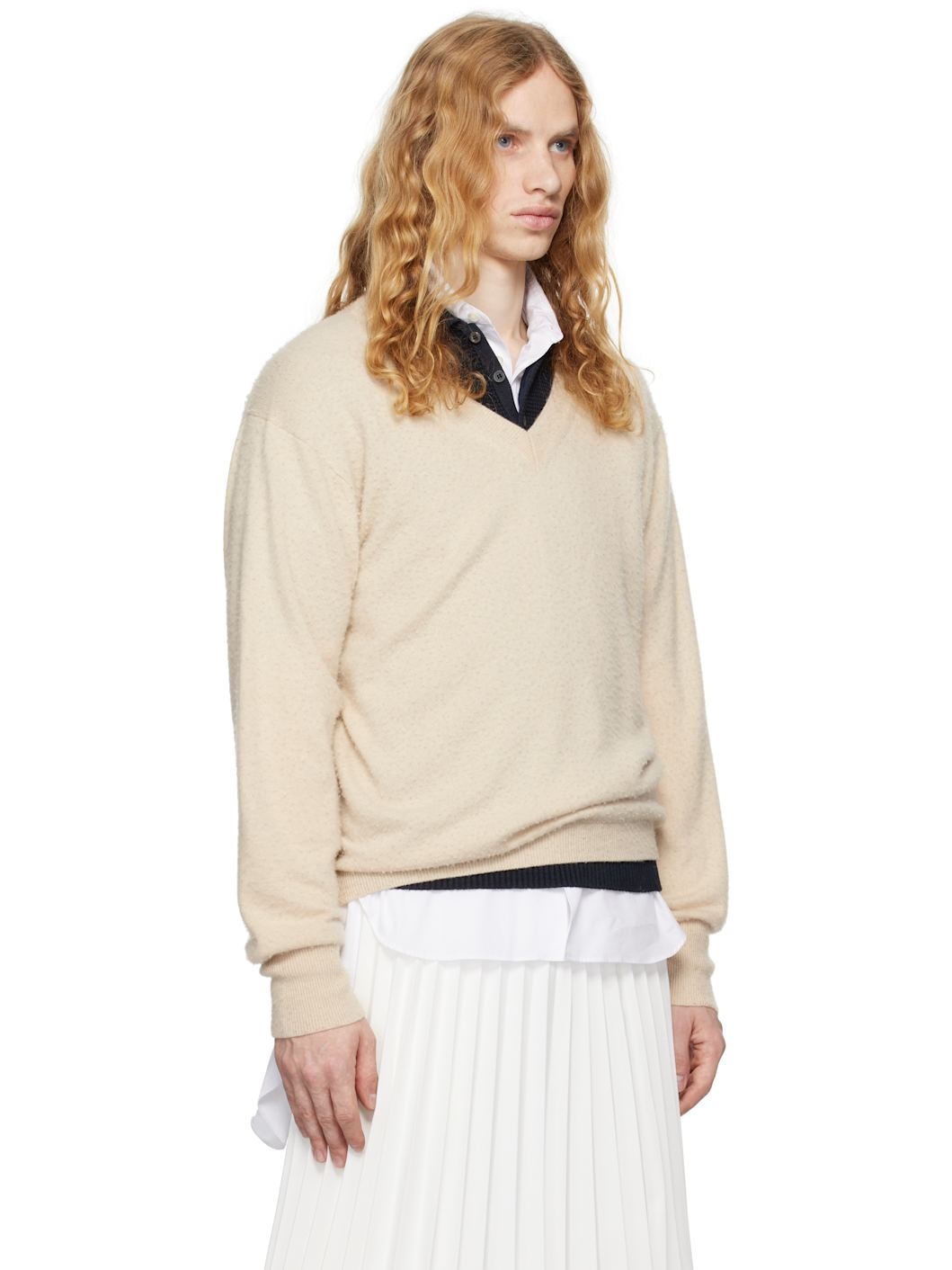 Beige V-Neck Sweater - 2