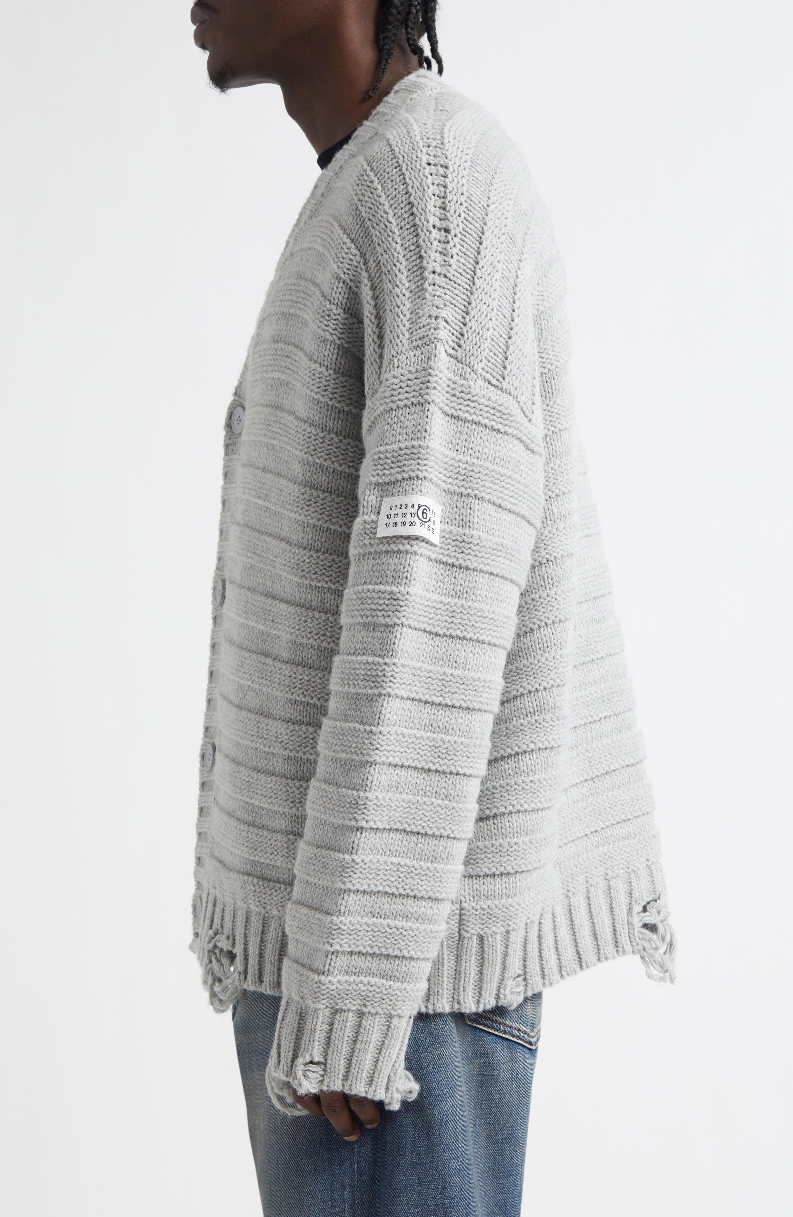 MM6 Maison Margiela Distressed Virgin Wool Blend V-Neck Cardigan in Light Grey Melange at Nordstrom - 4