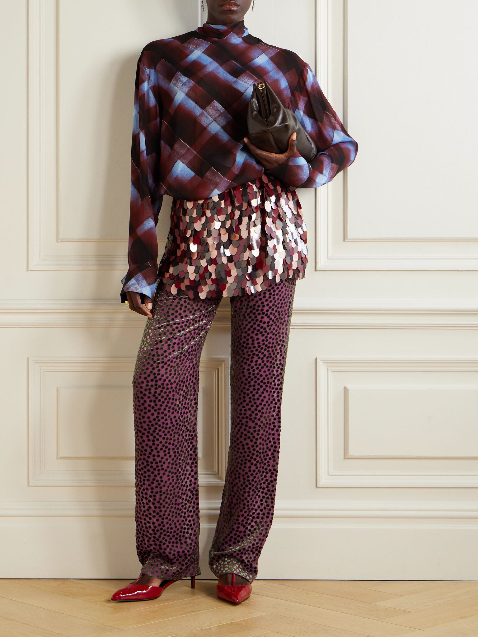 Polka-dot devoré-velvet straight-leg pants Pink - 2
