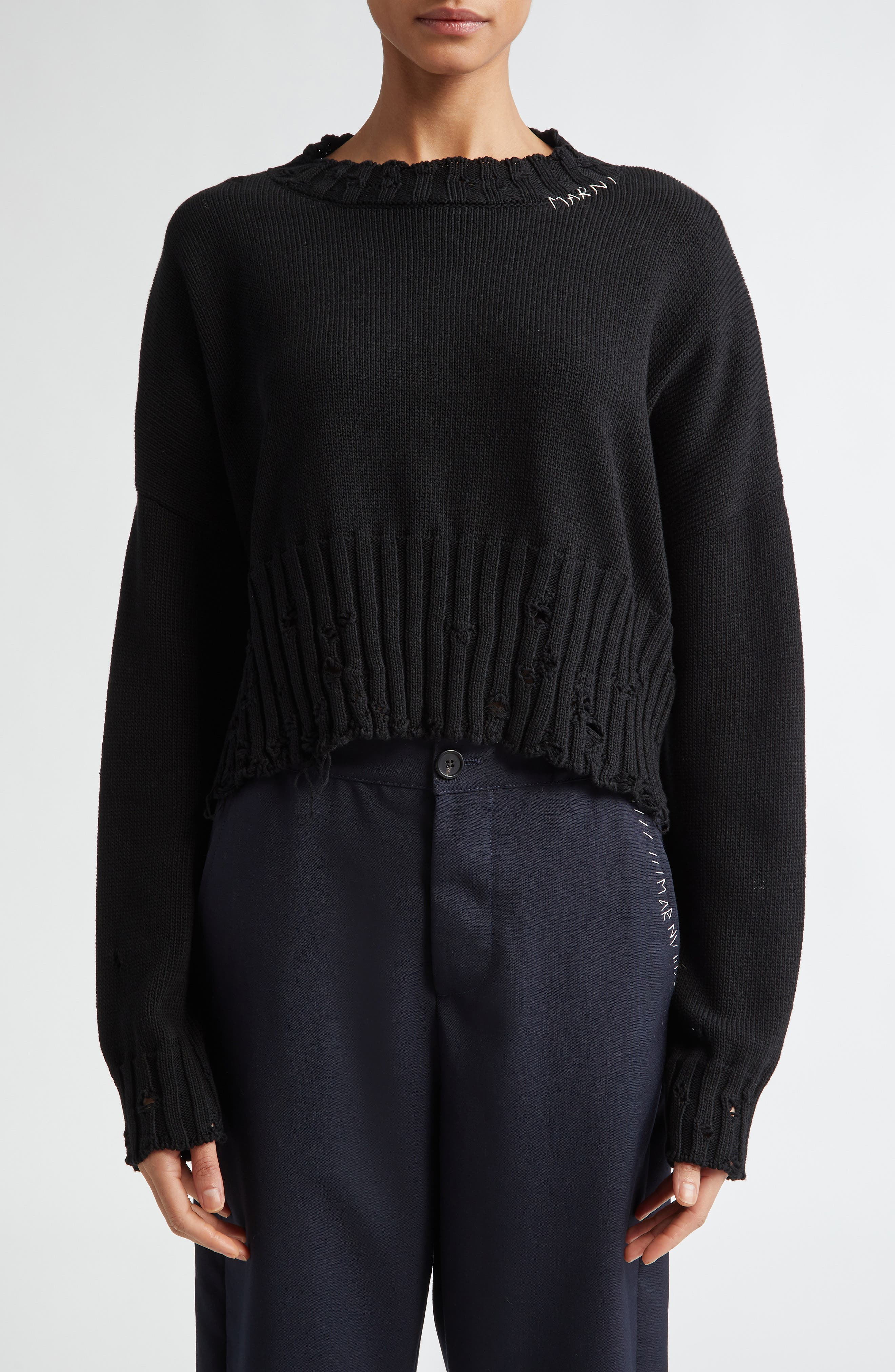 Distressed Cotton Crop Sweater - 1