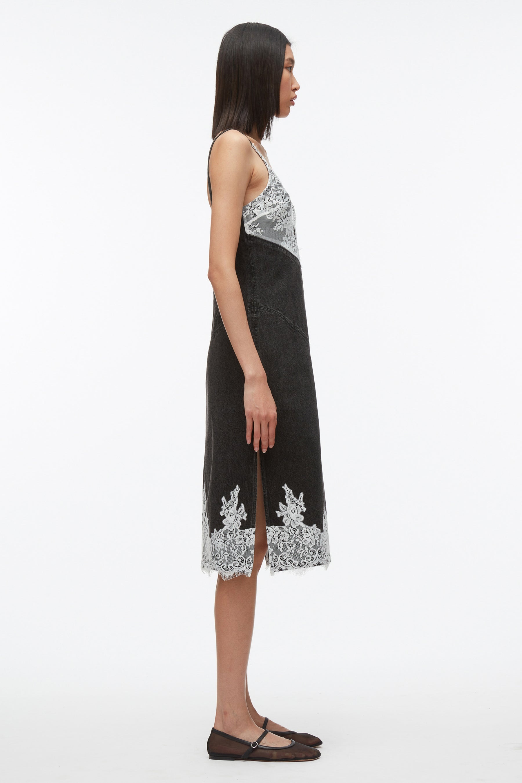 Denim Slip Dress with Lace - 4