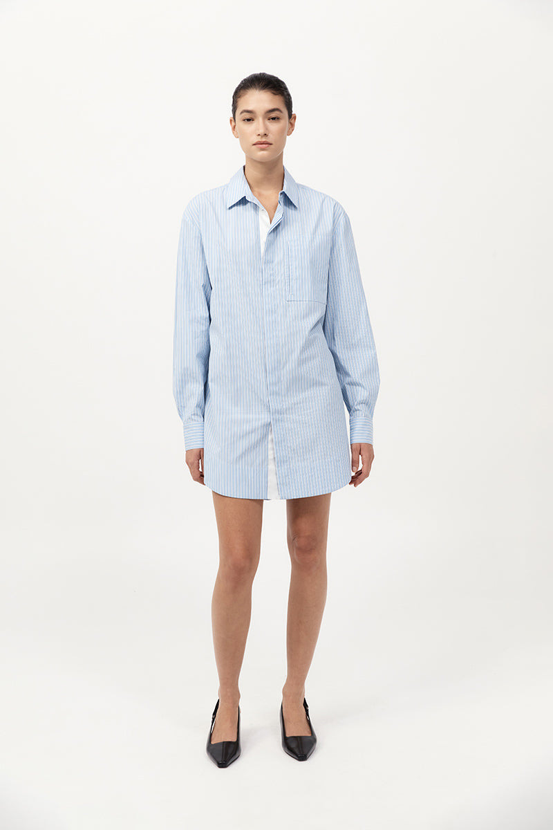 Drawstring Mini Shirt Dress - Pale Blue Stripe - 5