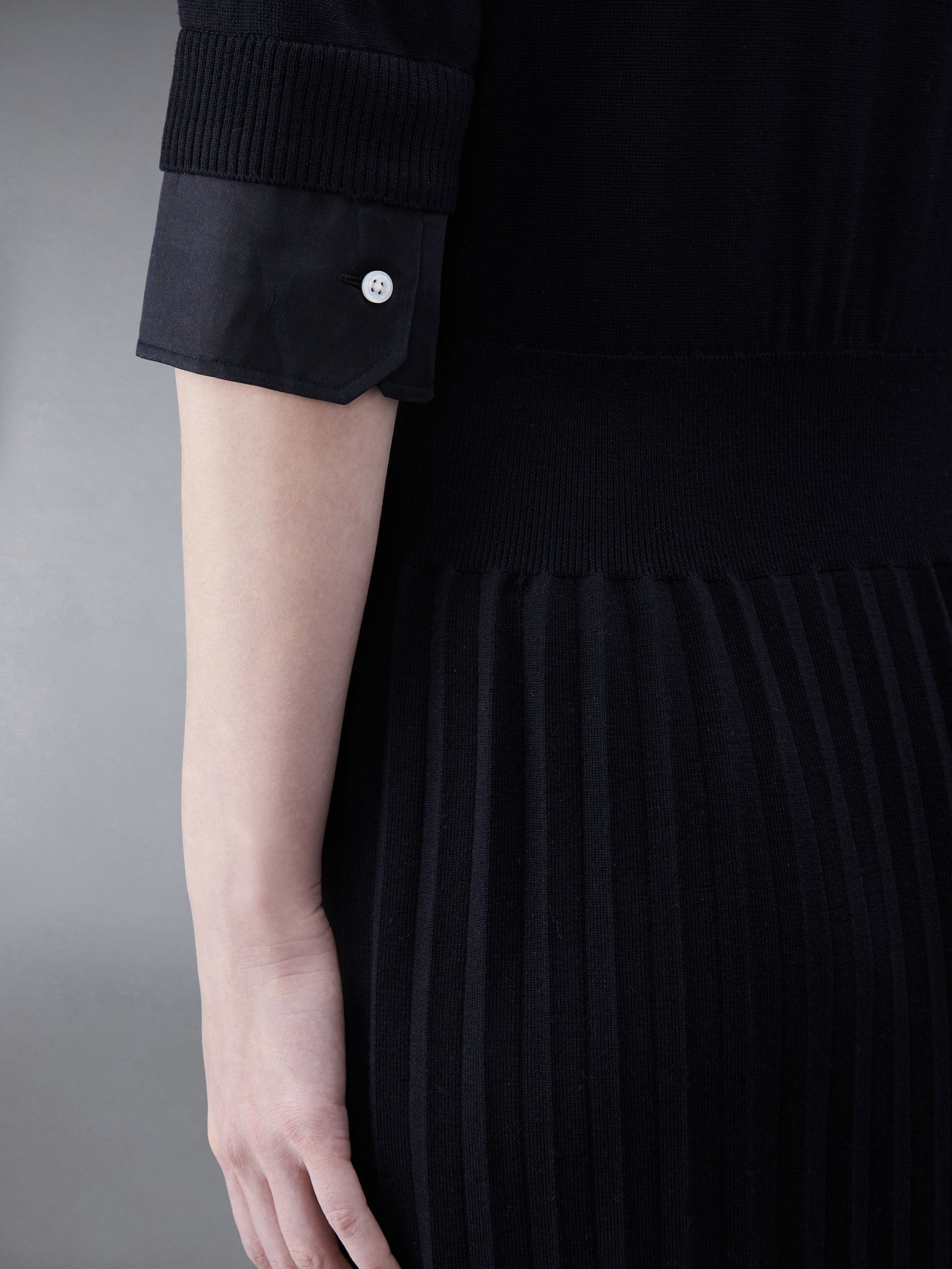 Wool Jersey Organza Pleated Bottom Ribbon Tie Combo Shirtdress - 7