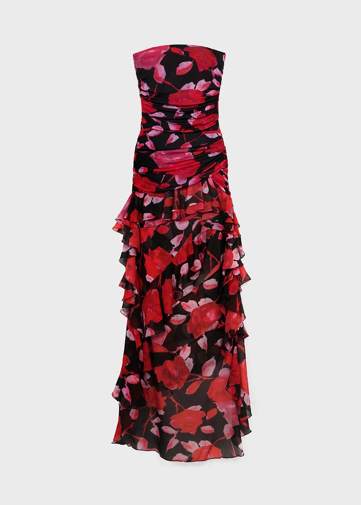 PRINTED JERSEY BUSTIER DRESS WITH CHIFFON FLOUNCES - 1