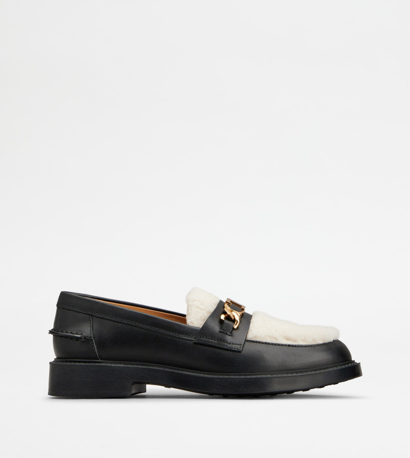 LOAFERS IN LEATHER AND SHEEPSKIN - BLACK, OFF WHITE 1