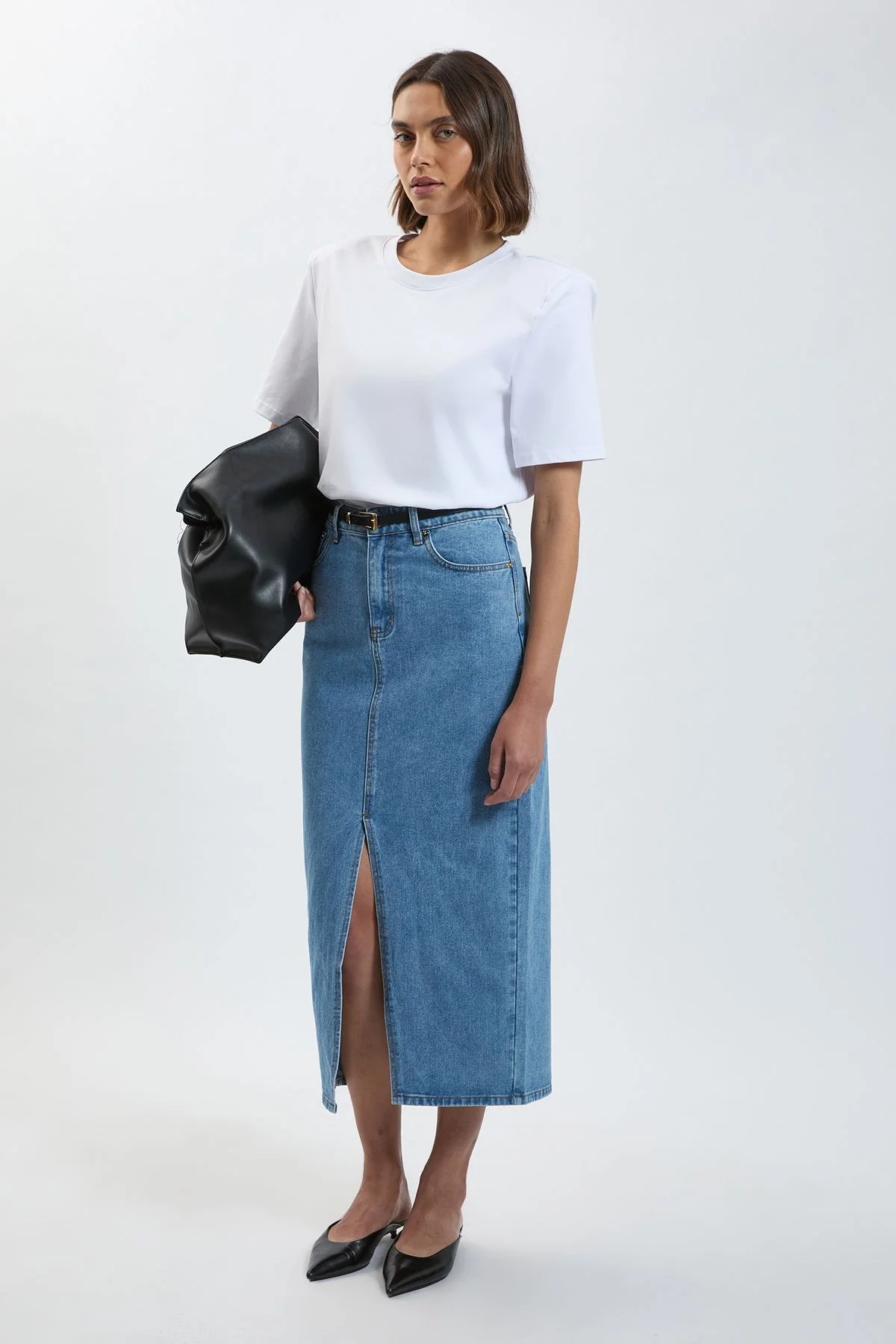 Petite Forever Denim 5 Pocket Midi Pencil Skirt - 1