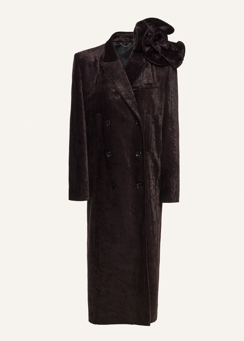 Double-breasted flower brooch coat in brown velvet 1