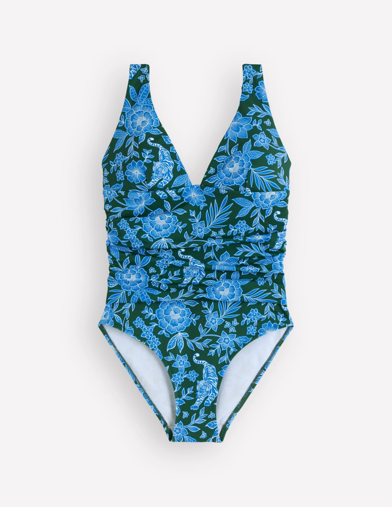 Mykonos Deep V Swimsuit-Dark Green, Tigers Paradise - 1