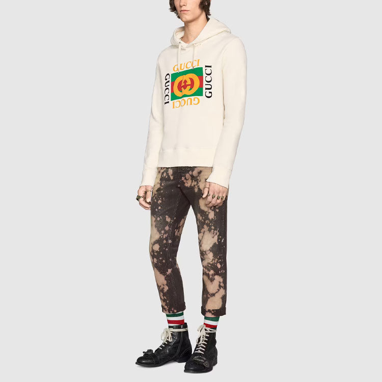 Gucci Vintage Double Ring Logo Printed Hooded Drawstring Sweatshirt Men's White 454585-X5J57-9541 - 2
