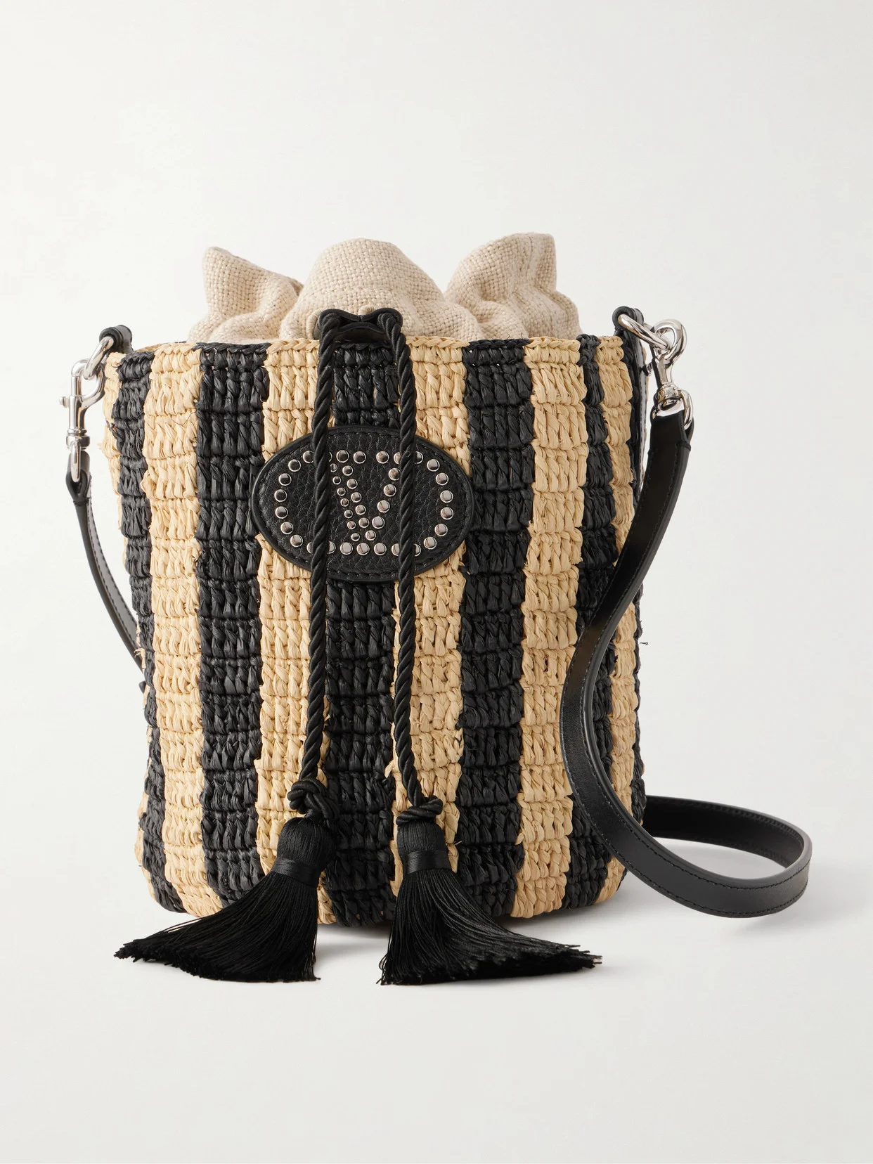Embellished Striped Leather-trimmed Raffia Bucket Bag - 1