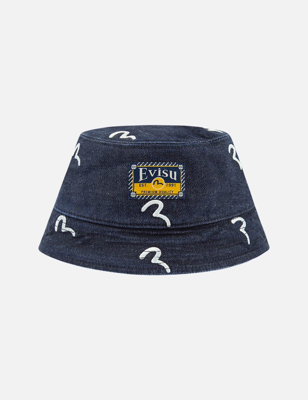 EVISU ALLOVER SEAGULL EMBROIDERY DENIM BUCKET HAT | REVERSIBLE