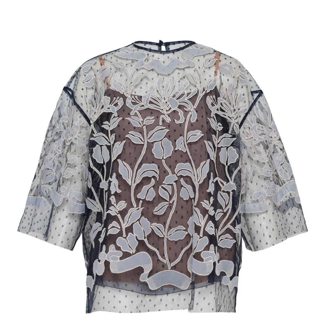 Dot Tulle Top With Linen Embroidery - 1