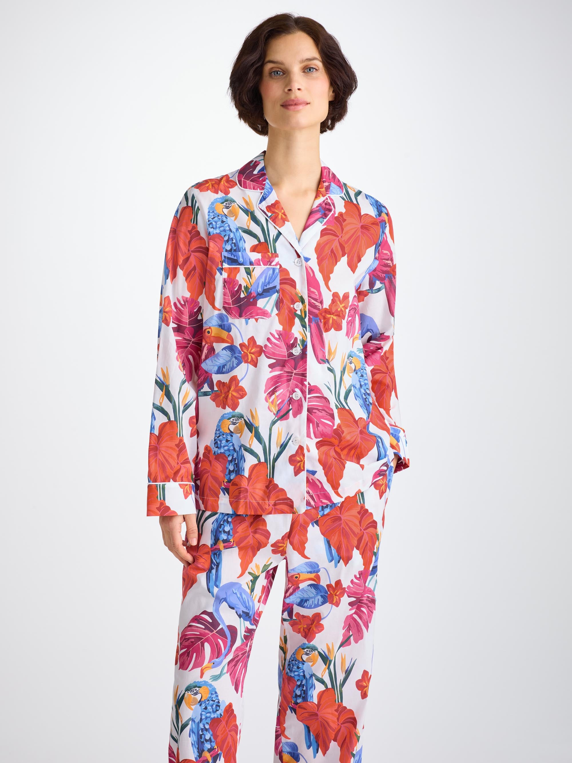 Women's Pajamas Cotton Batiste White Jungle Birds Print - 3