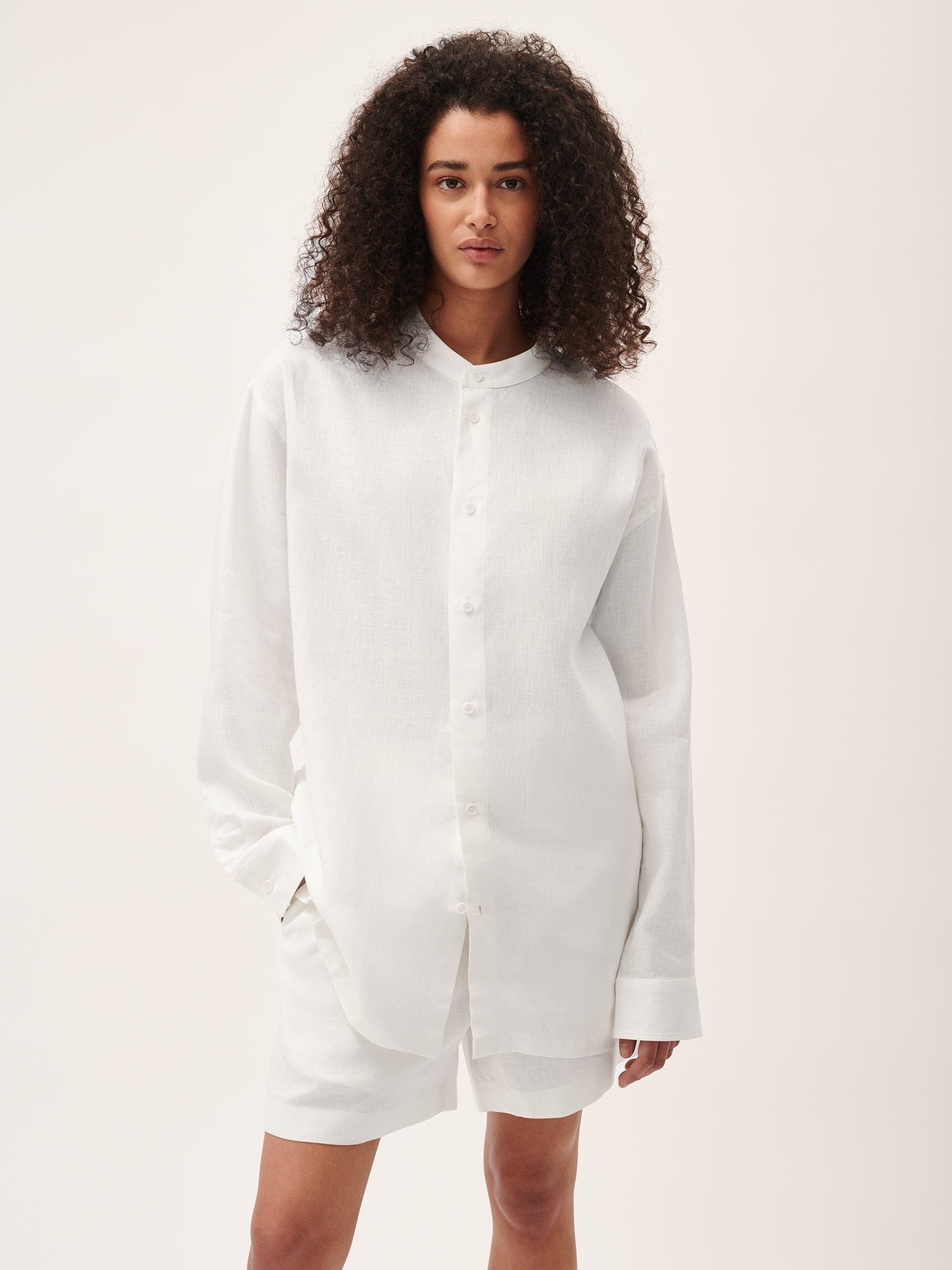 Womens DNA Aloe Linen Mandarin Collar Long Sleeve Shirt - Off-White - 5