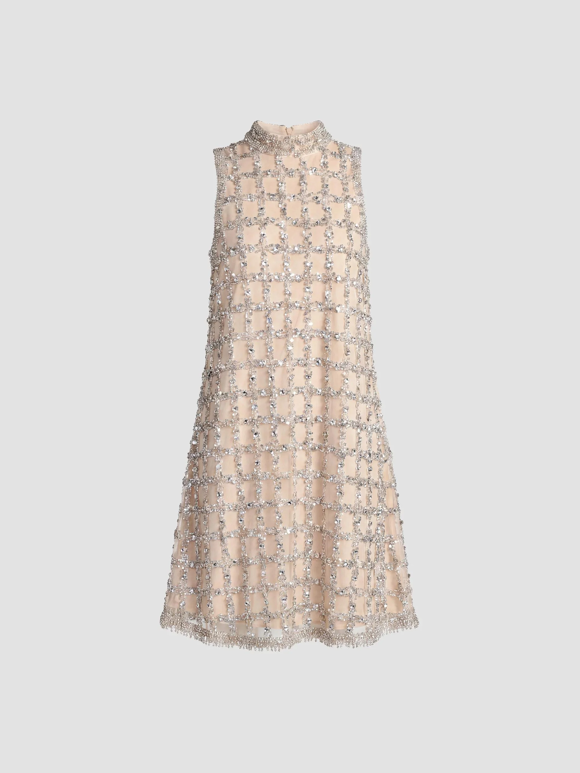 Women's Embellished Mesh Sleeveless Mini Dress - Silver Beige - 1