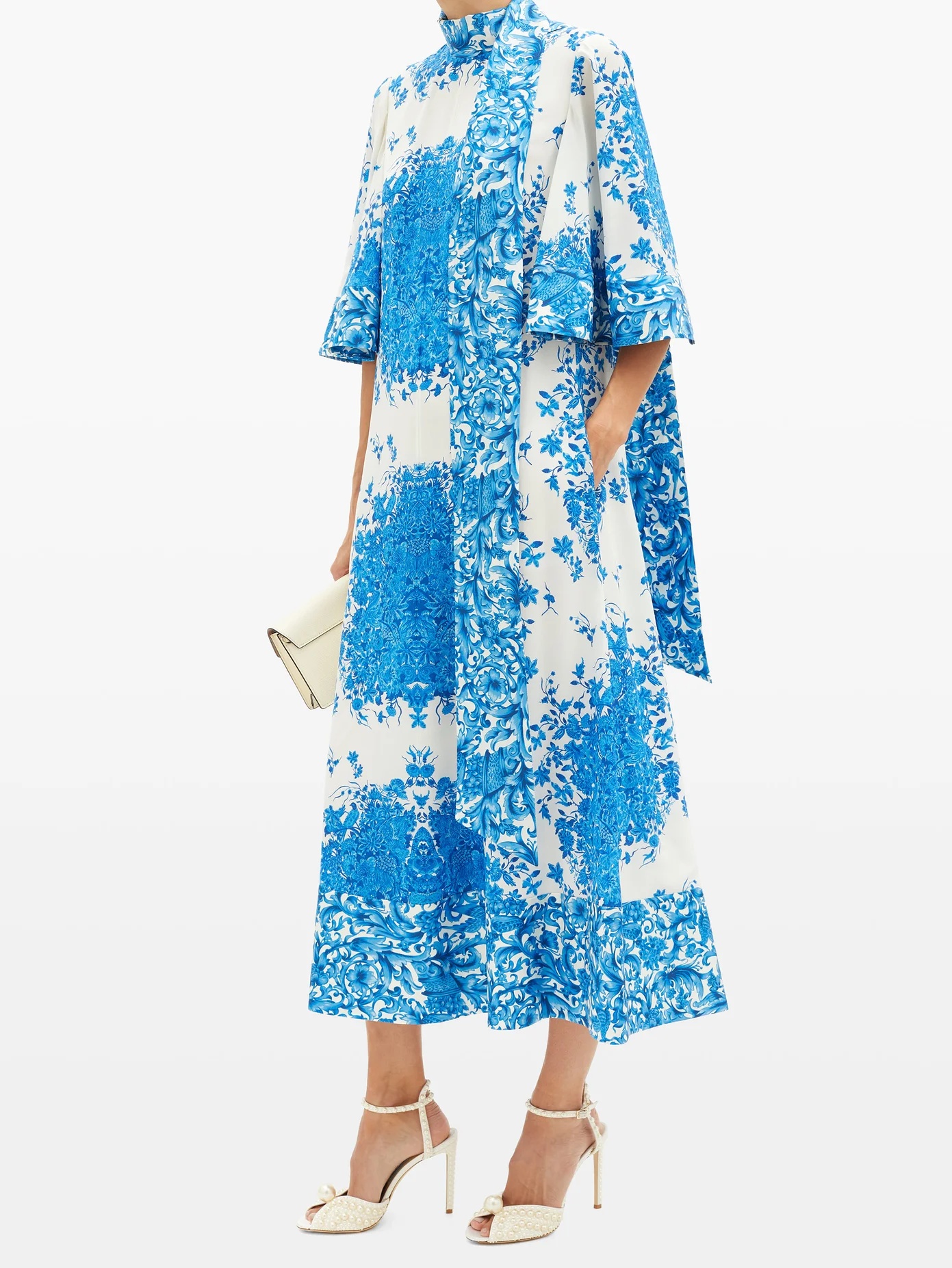 Delft-print scarf-neck silk midi dress - 2