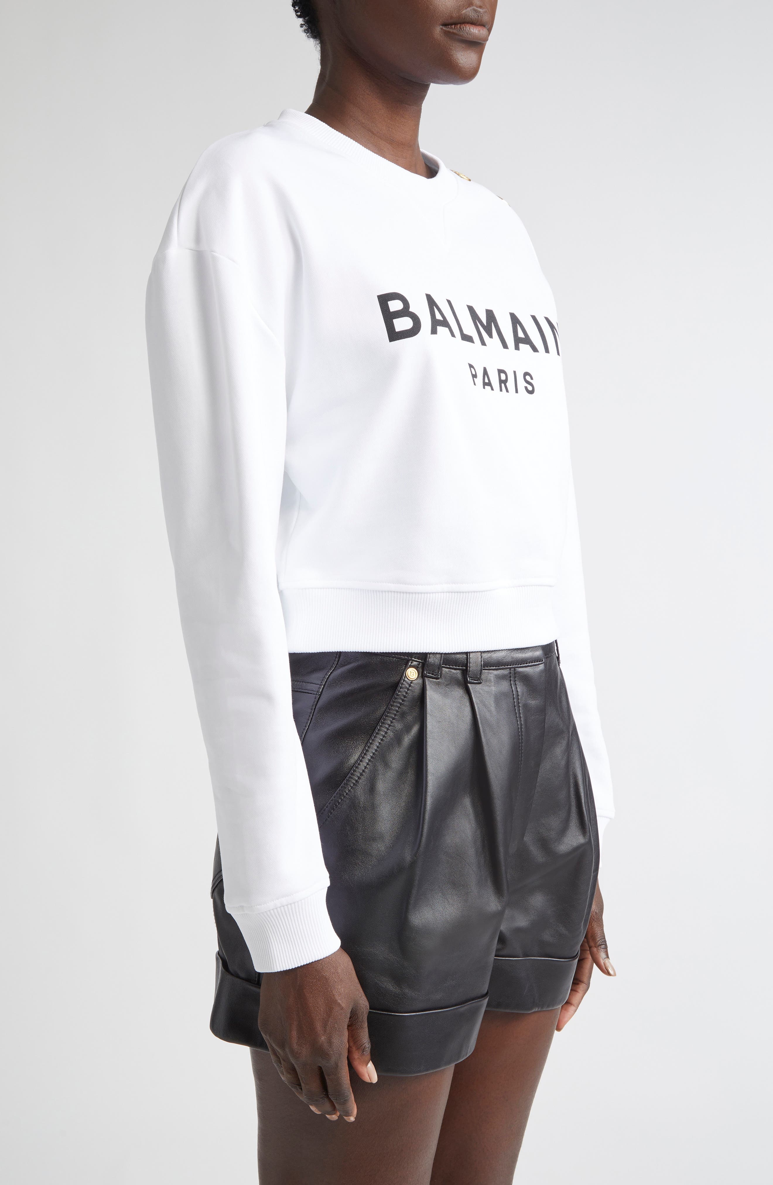 Balmain Crop Logo Graphic Sweatshirt in Gab White/Blk at Nordstrom - 3