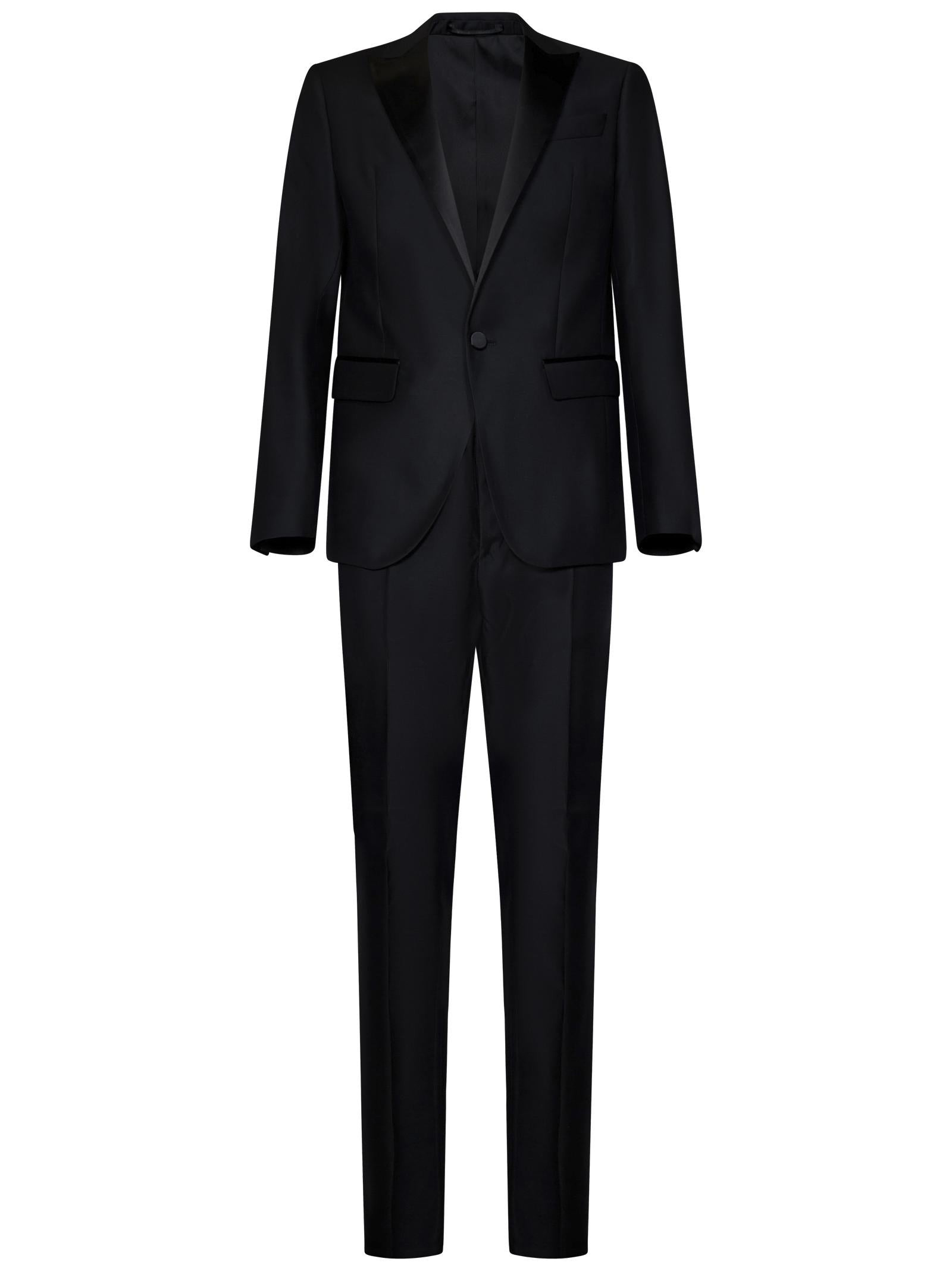 Black virgin wool and silk tuxedo suit with single-breasted blazer with silk satin lapels. - 1