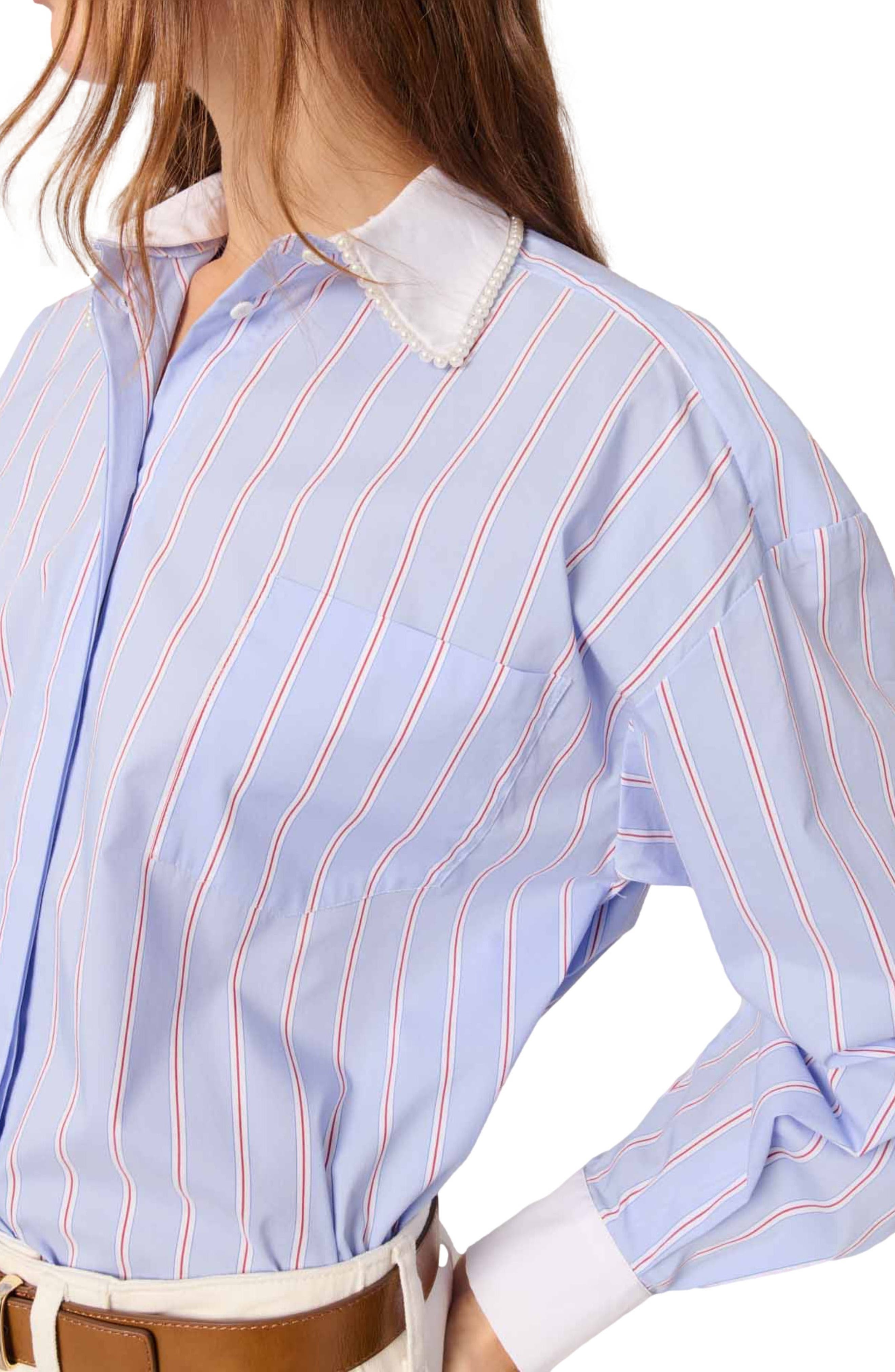maje Striped shirt with beaded collar in Light Blue Stripes at Nordstrom - 6