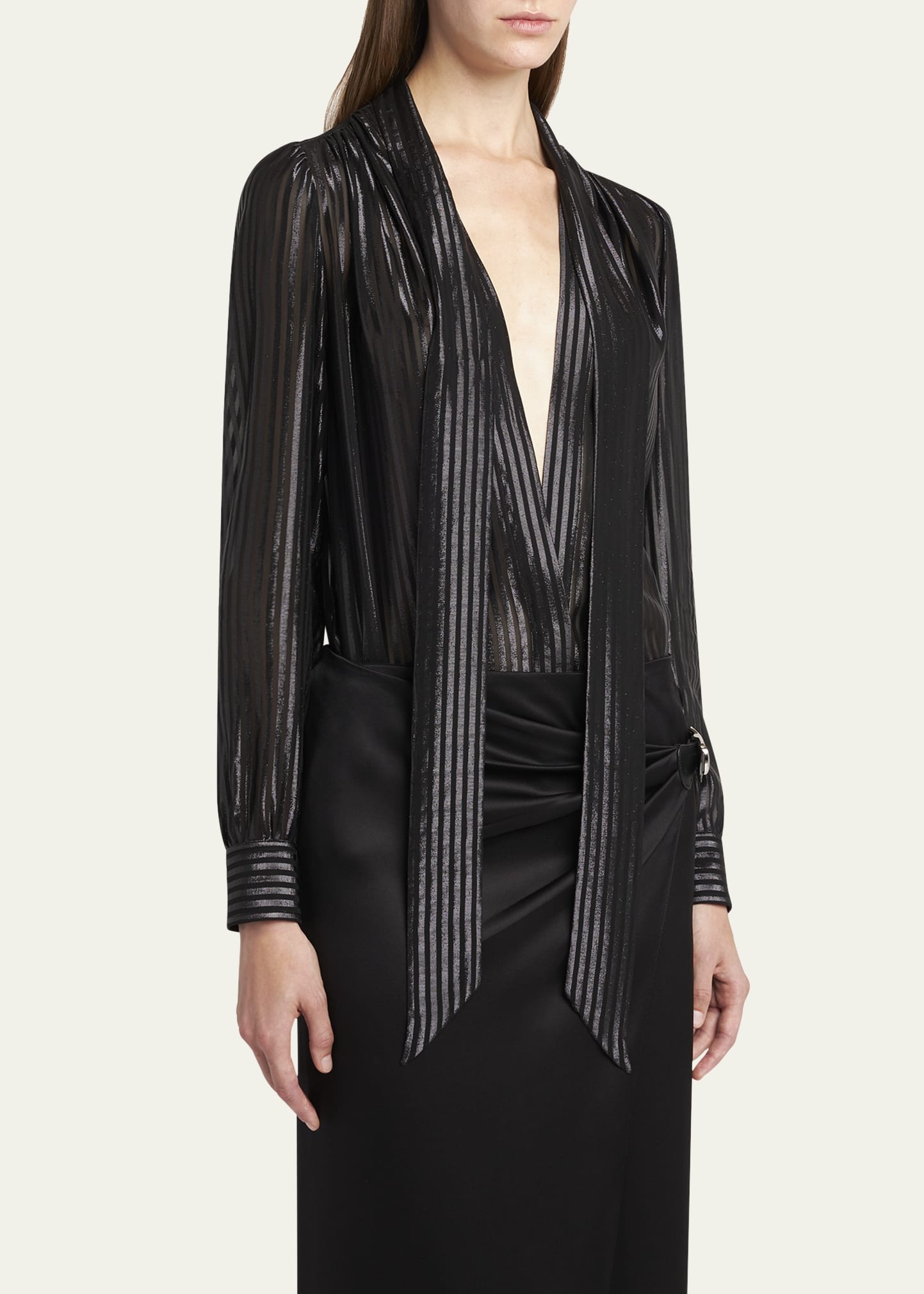 Metallic Striped Lavalliere Plunging Blouse - 4