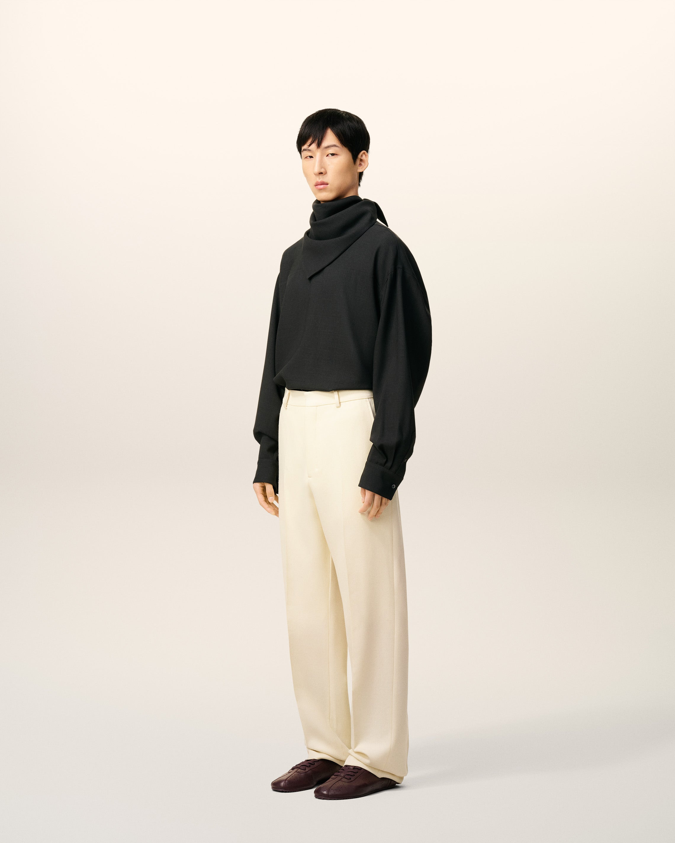 WHITE WOOL WIDE TROUSERS - 6