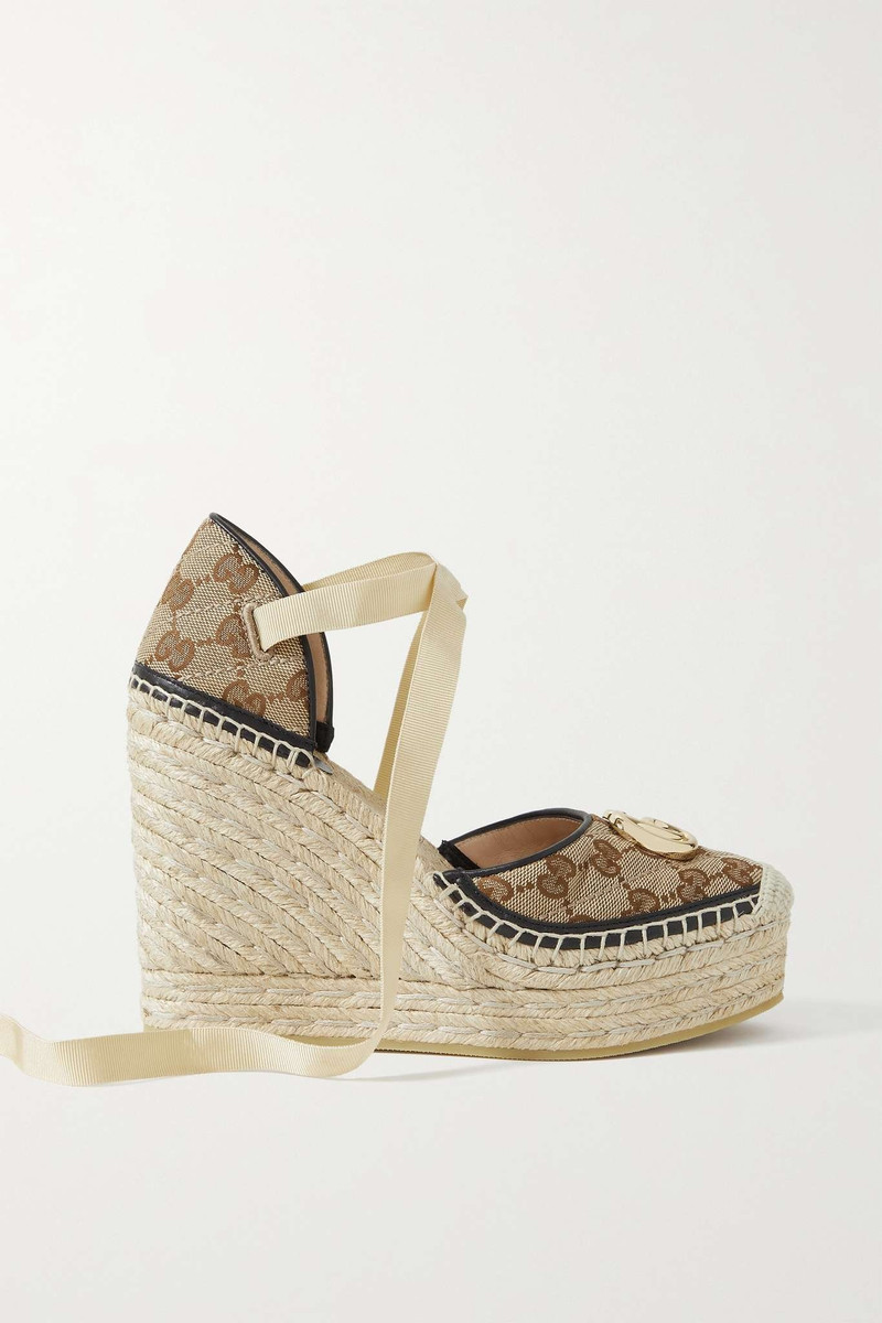 Pilar leather-trimmed embellished canvas-jacquard wedge espadrilles 1